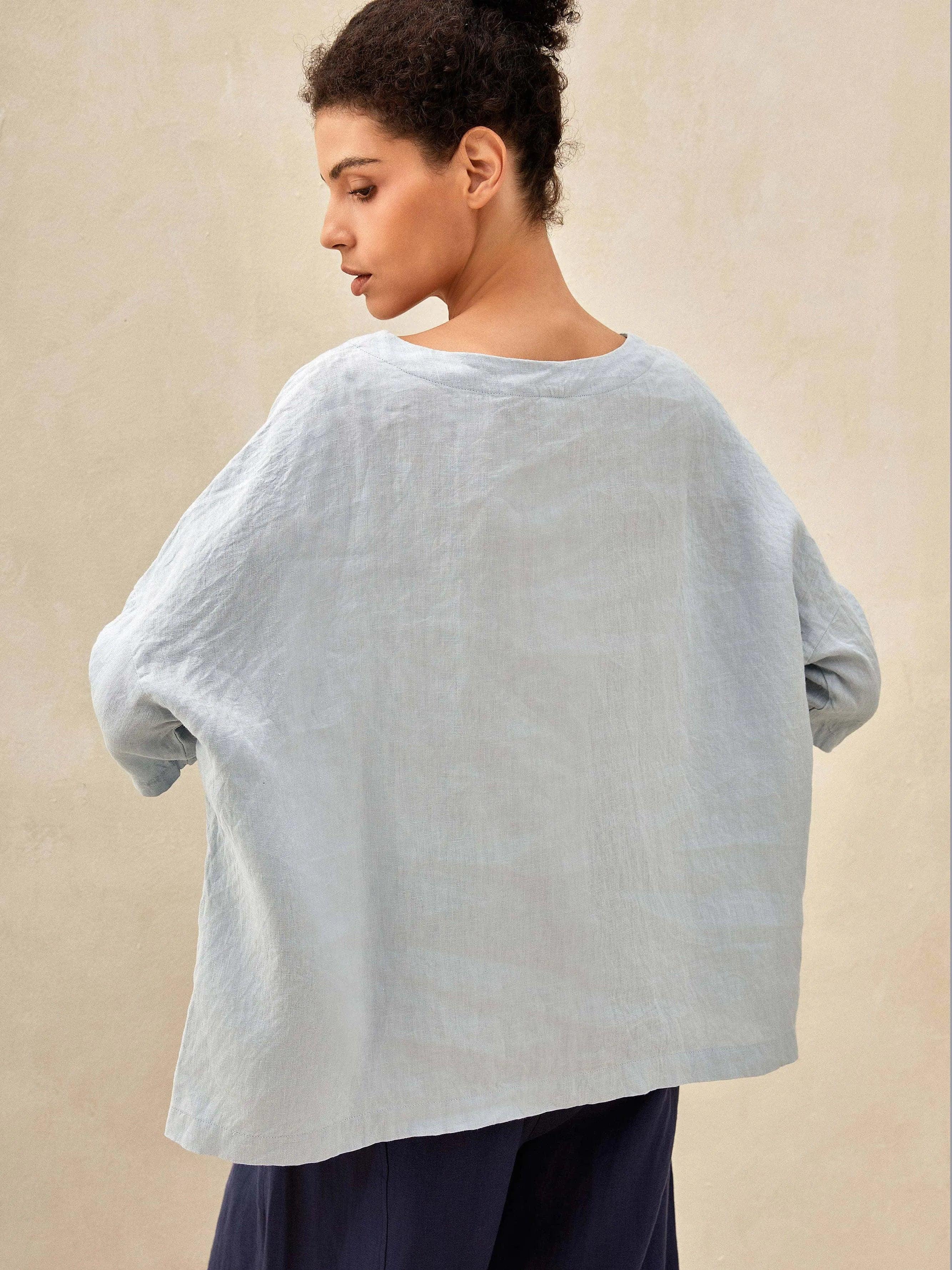 100% Linen Gingham Checked Boatneck 3/4 Length Sleeve Top AURORA