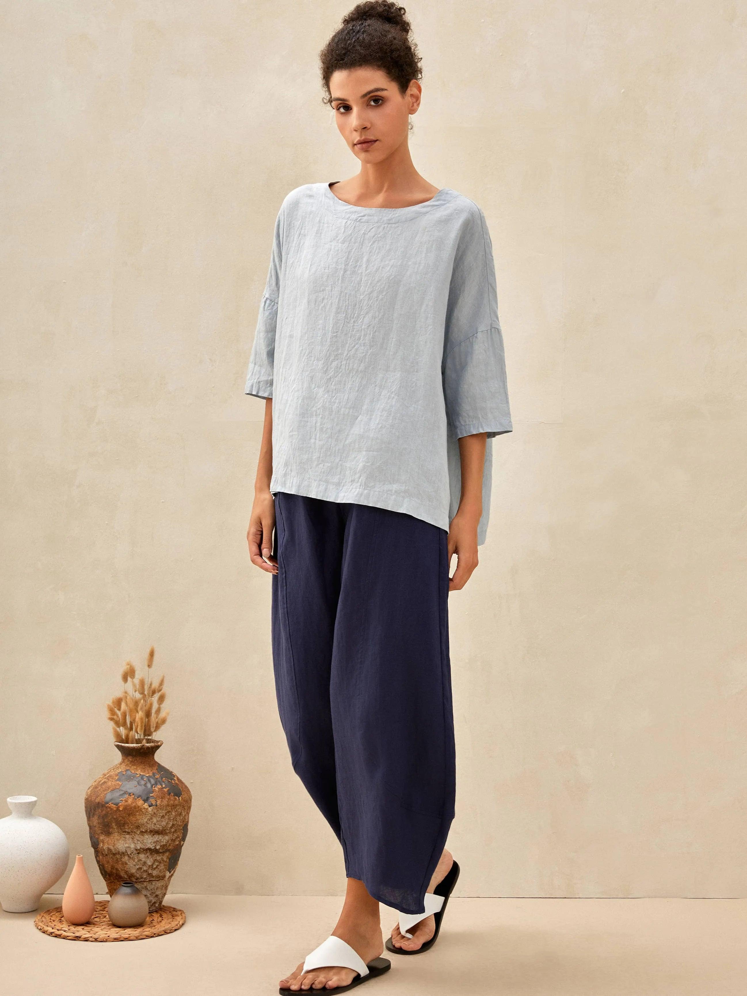 100% Linen Boatneck 3/4 Length Sleeve Top AURORA-LINTICO