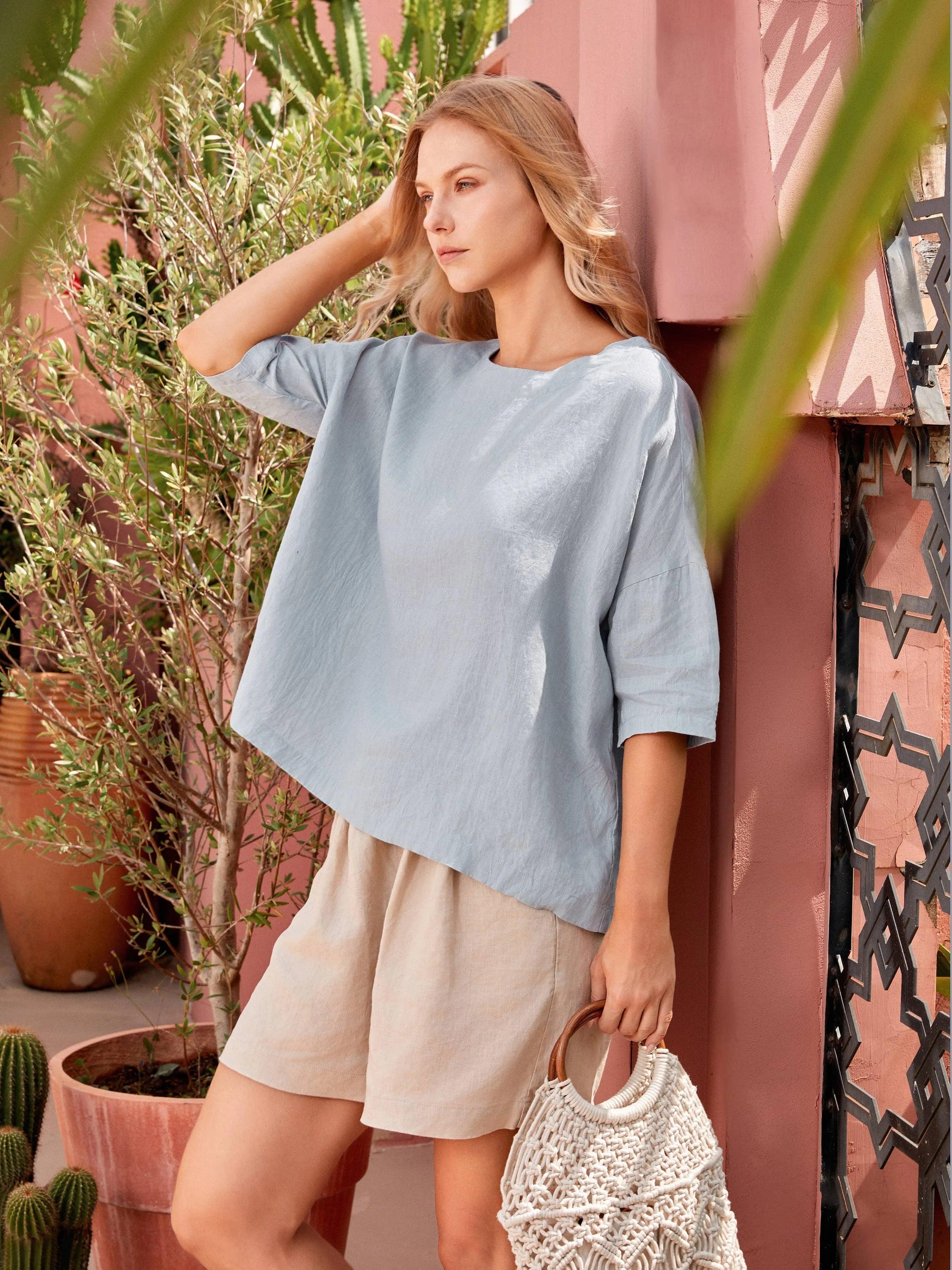 100% Linen Boatneck 3/4 Length Sleeve Top AURORA-LINTICO