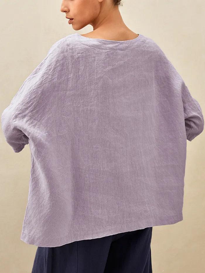 100% Linen Gingham Checked Boatneck 3/4 Length Sleeve Top AURORA