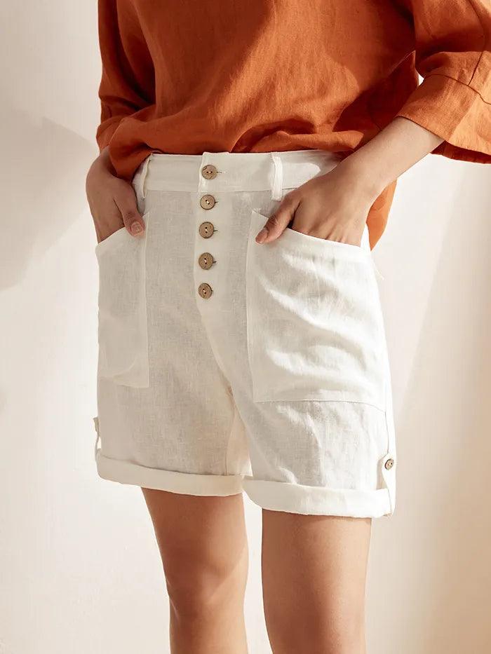 Linen Button-Fly Quarter Shorts LUCY