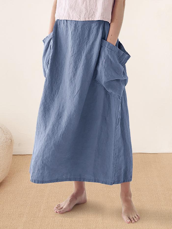Linen Checked Elastic Waist Skirt ONYX