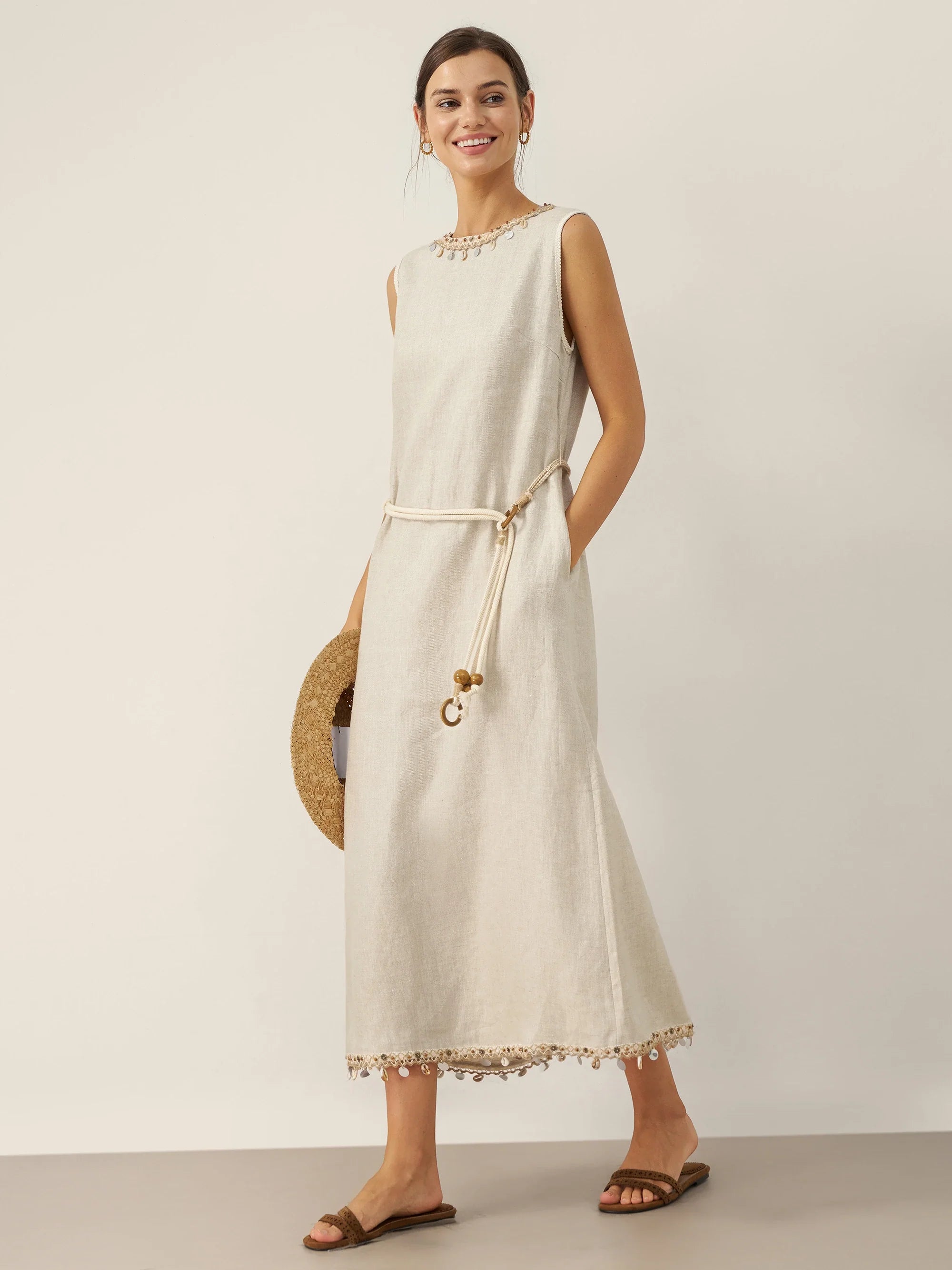 100% Linen Beaded Crew Neck Midi Dress with Belt BELLA