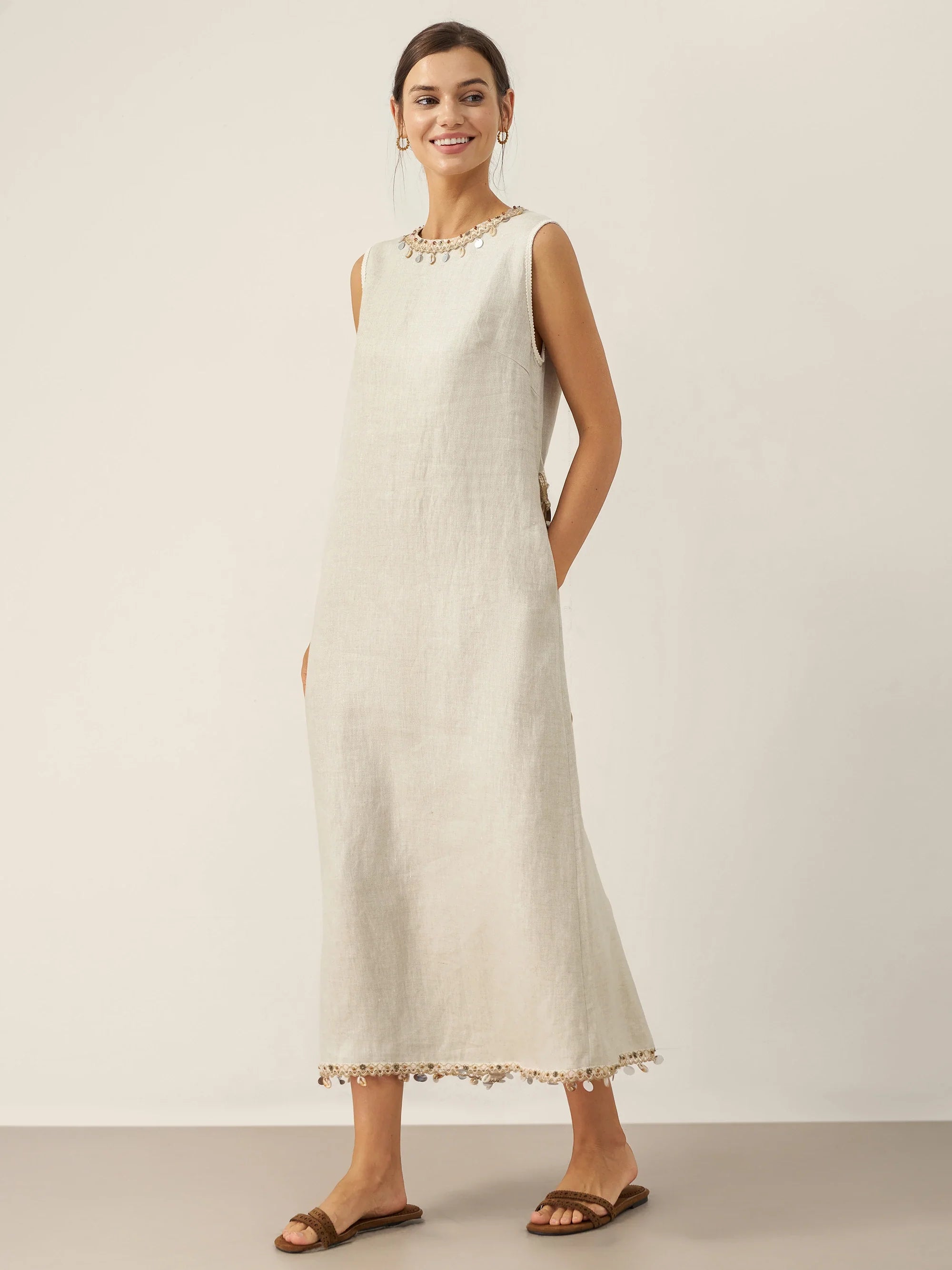 100% Linen Beaded Crew Neck Midi Dress with Belt BELLA