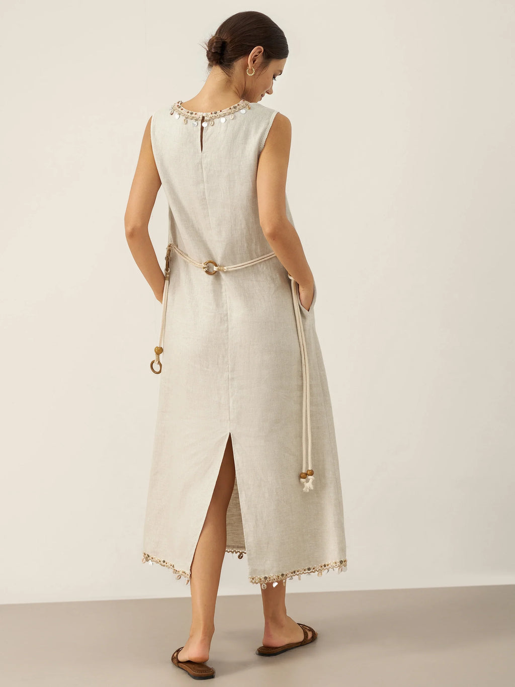 100% Linen Beaded Crew Neck Midi Dress with Belt BELLA