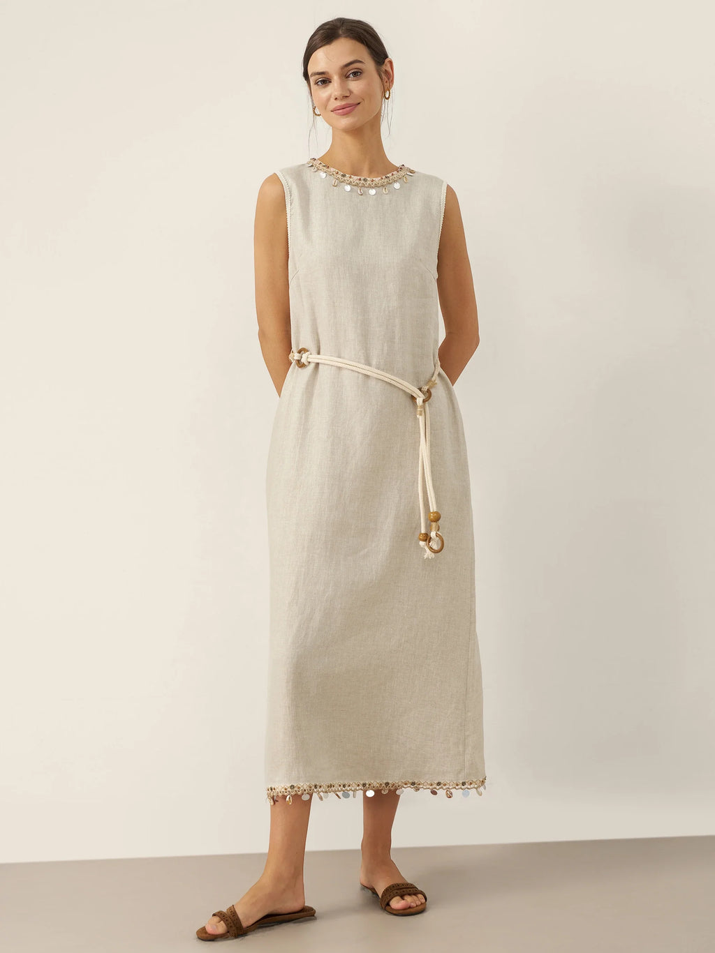 100% Linen Beaded Crew Neck Midi Dress with Belt BELLA