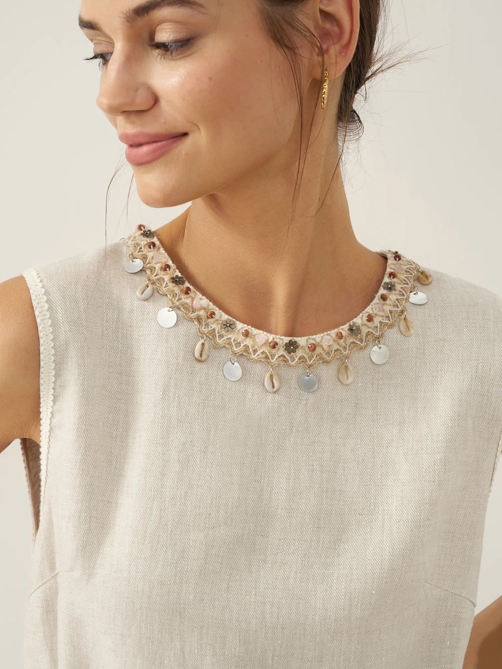 100% Linen Beaded Crew Neck Midi Dress with Belt BELLA