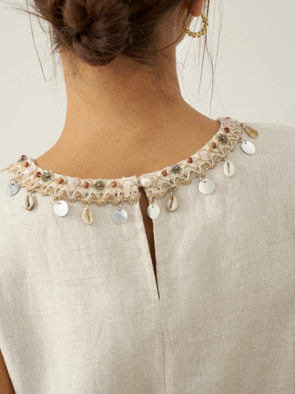 100% Linen Beaded Crew Neck Midi Dress with Belt BELLA