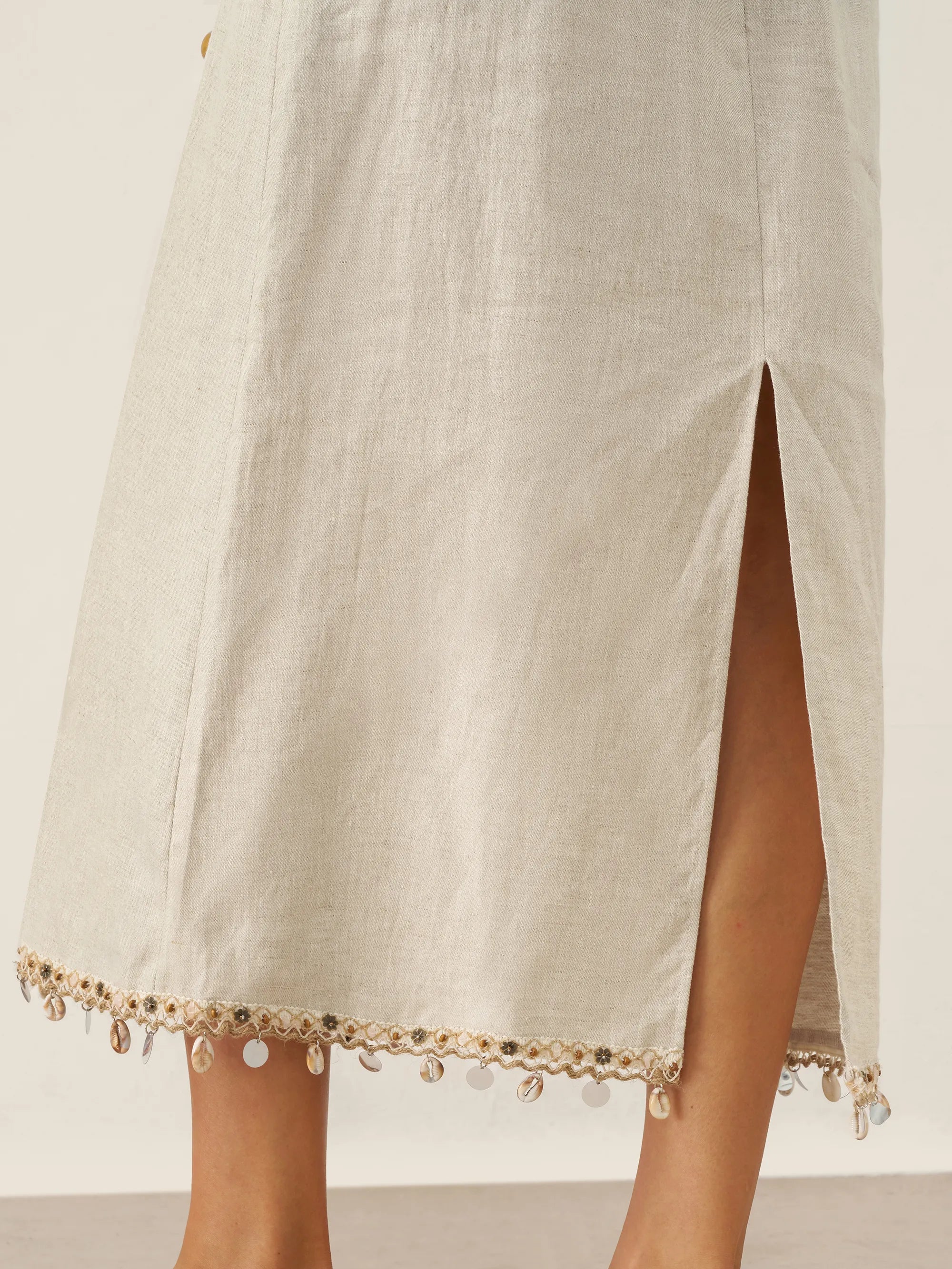 100% Linen Beaded Crew Neck Midi Dress with Belt BELLA