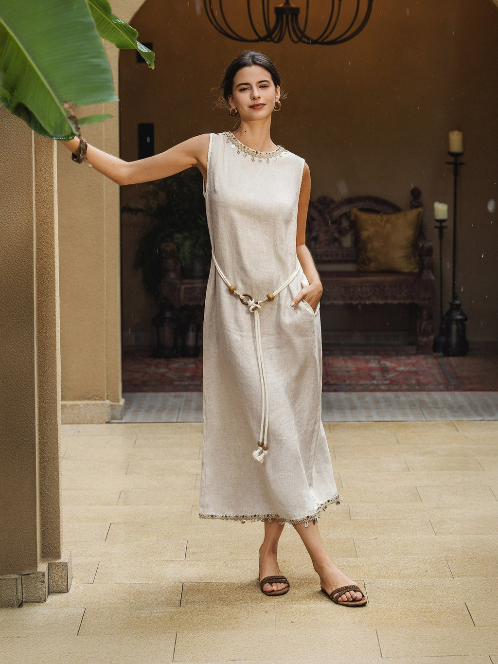 100% Linen Beaded Crew Neck Midi Dress with Belt BELLA