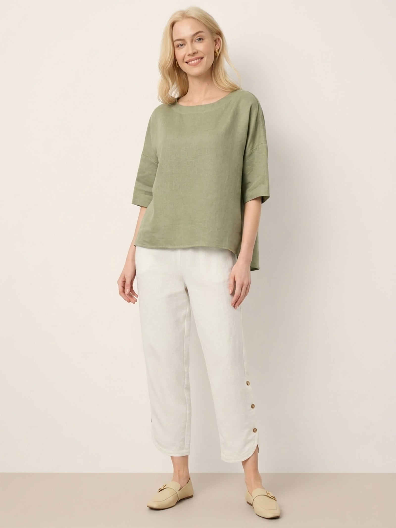 100% Linen Drop Shoulder Shirred Back High-Low Hem Top LINDSEY