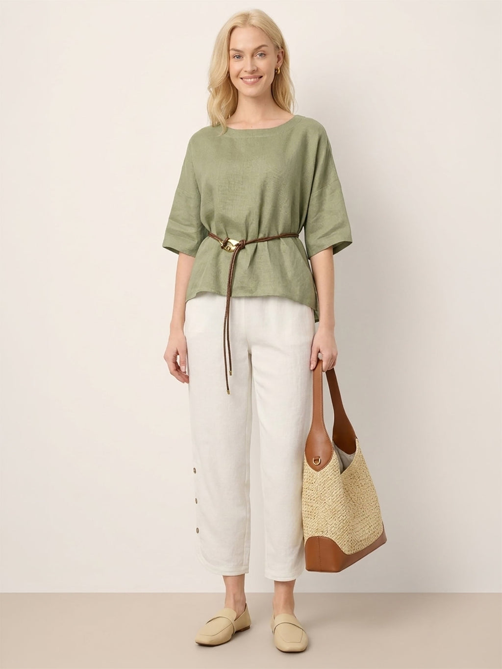 100% Linen Drop Shoulder Shirred Back High-Low Hem Top LINDSEY