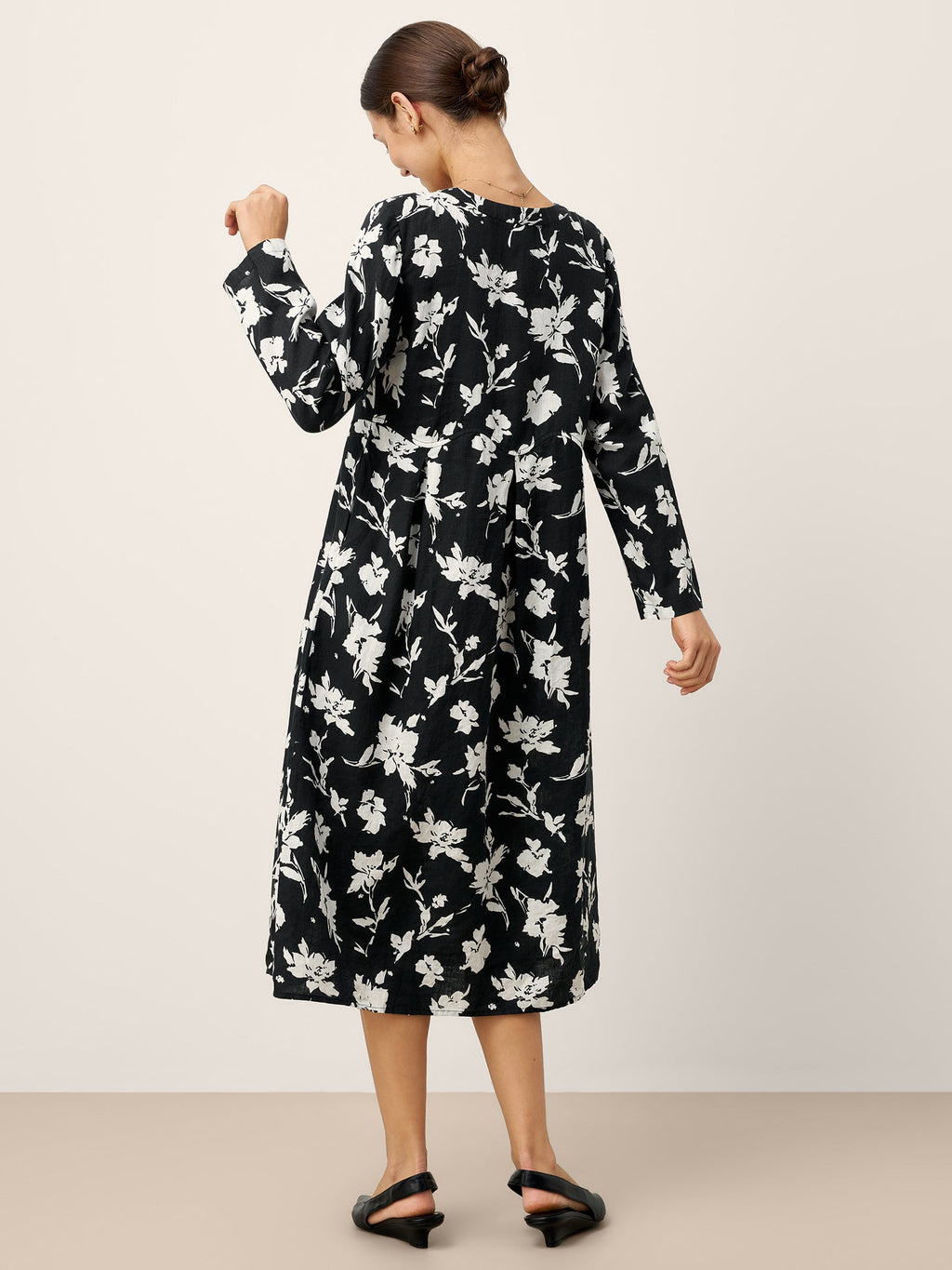 100% Linen Floral Printed Gathered Midi Dress ELODIE