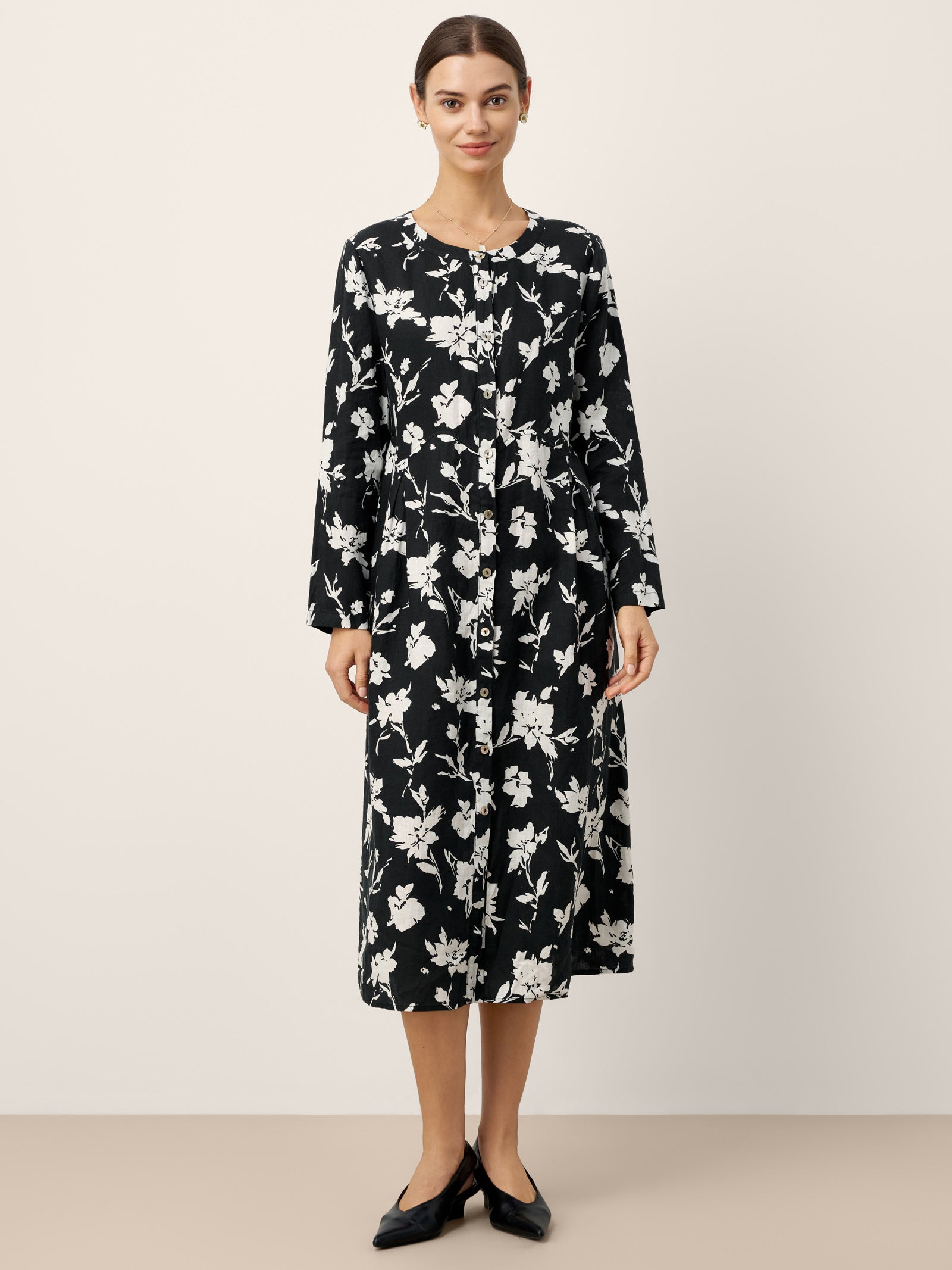 100% Linen Floral Printed Gathered Midi Dress ELODIE