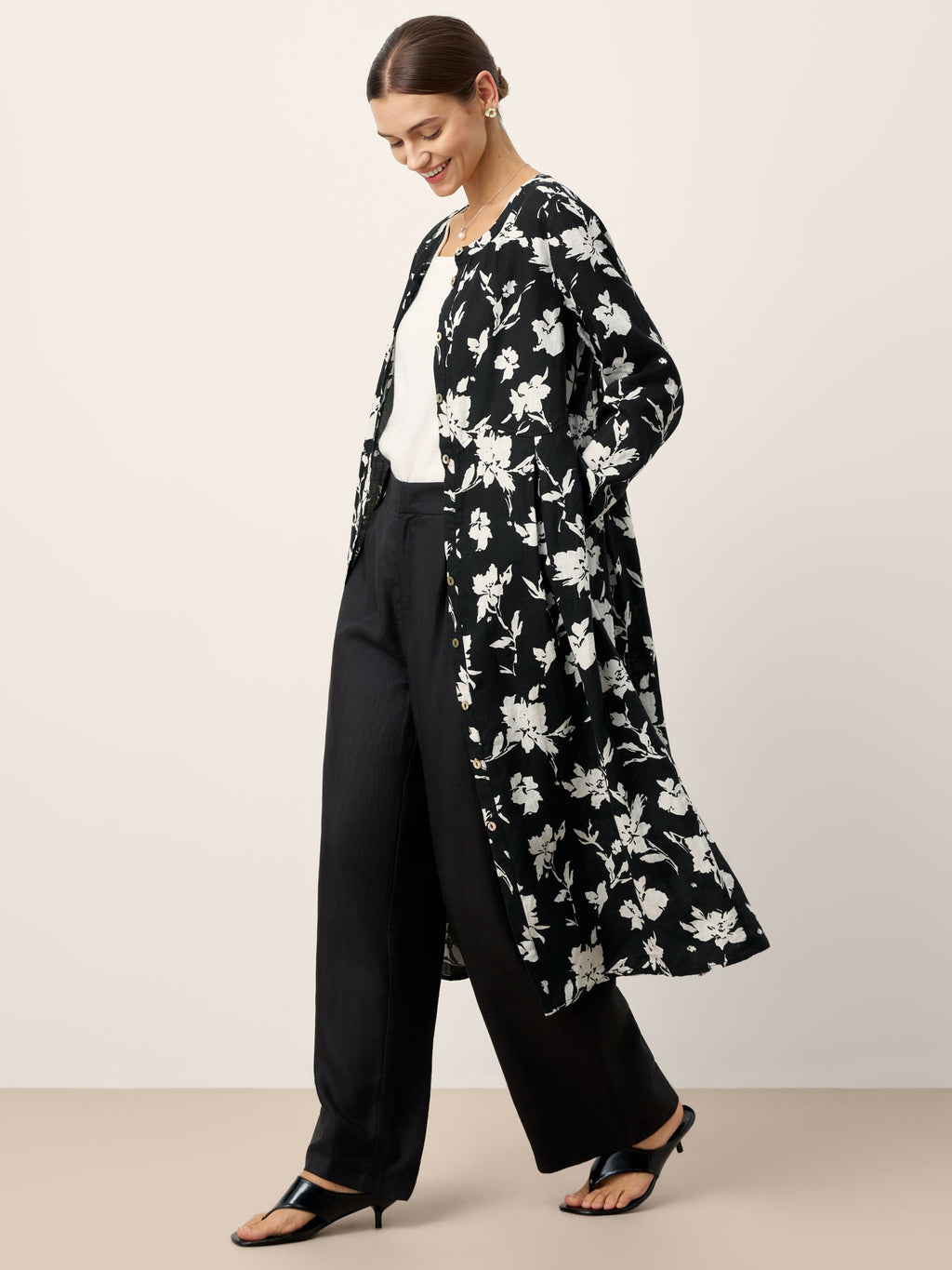 100% Linen Floral Printed Gathered Midi Dress ELODIE