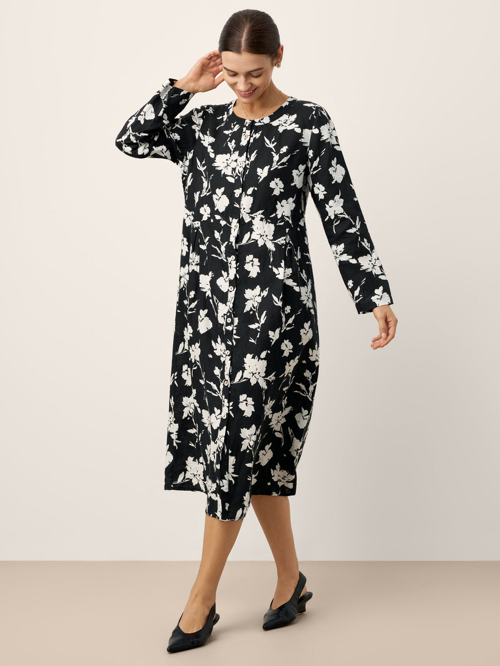 100% Linen Floral Printed Gathered Midi Dress ELODIE