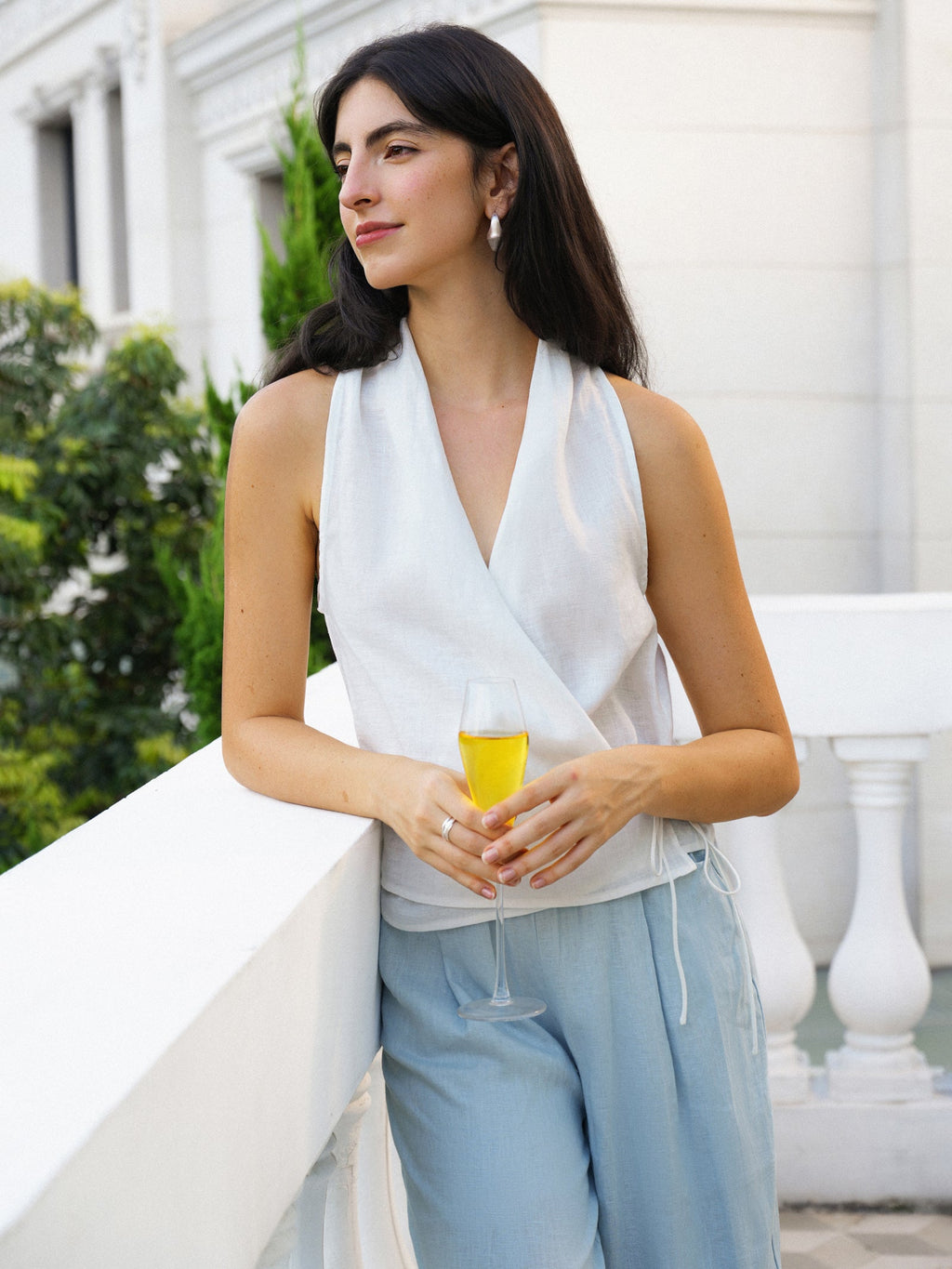 100% Linen Halter Neck Tie-Front Crop Top FAYE-LINTICO