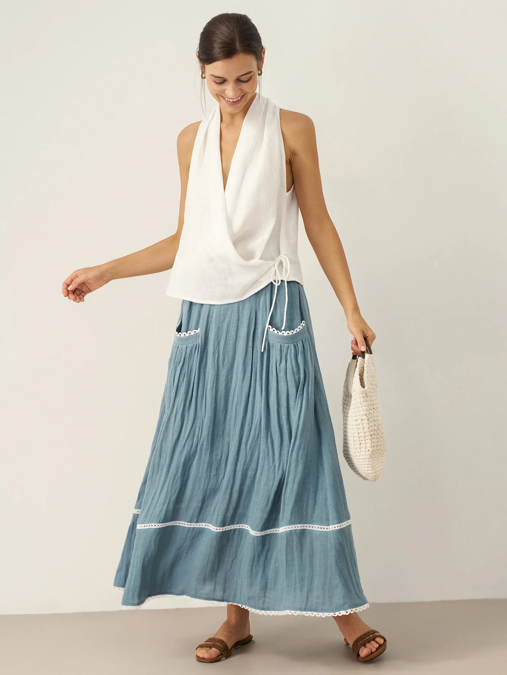 100% Linen Halter Neck Tie-Front Crop Top FAYE-LINTICO