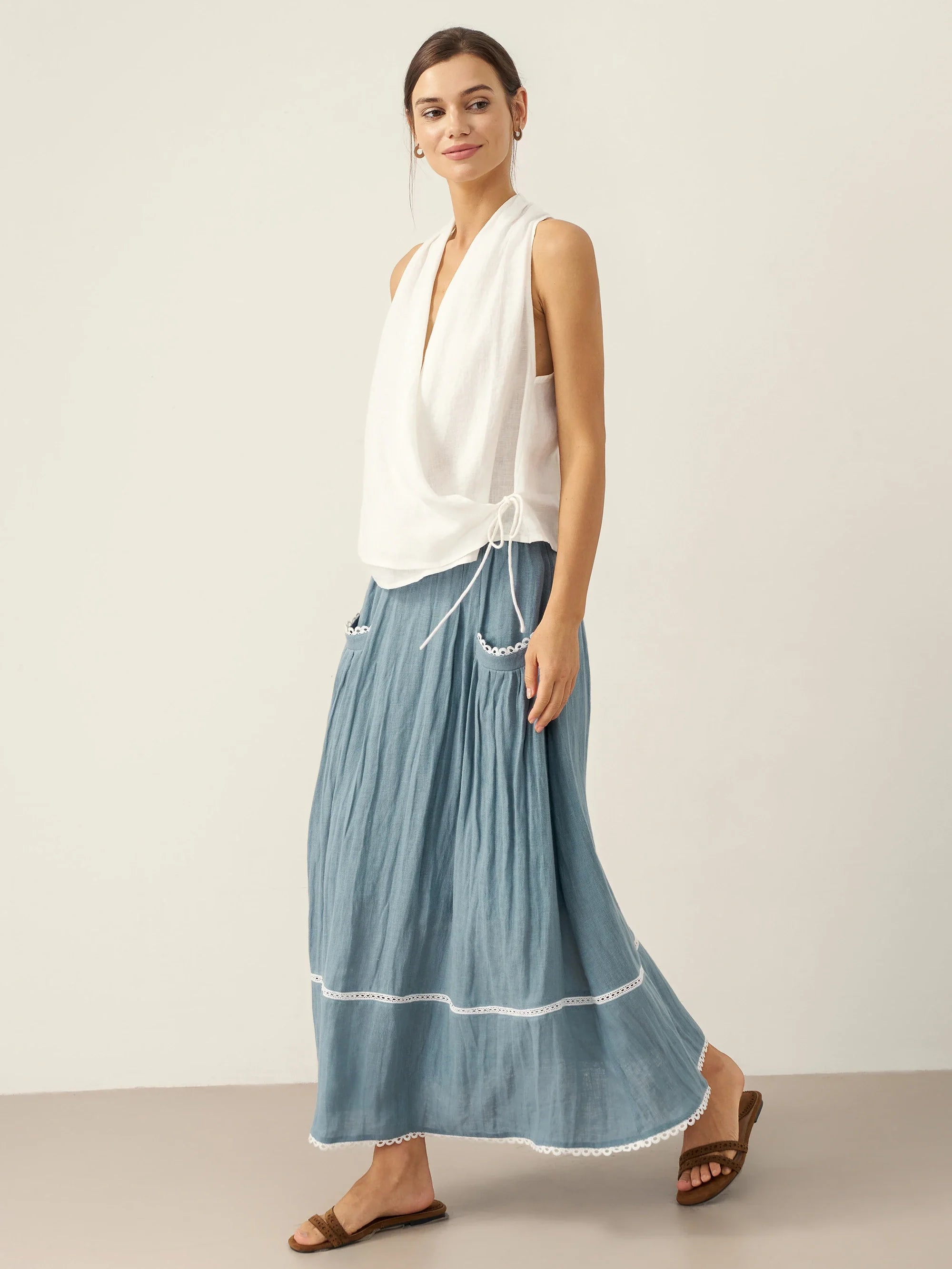 100% Linen Halter Neck Tie-Front Crop Top FAYE-LINTICO
