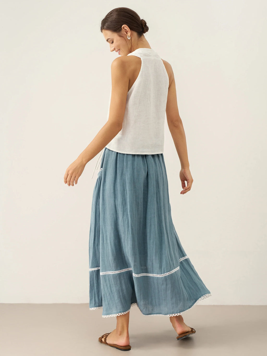 100% Linen Halter Neck Tie-Front Crop Top FAYE-LINTICO