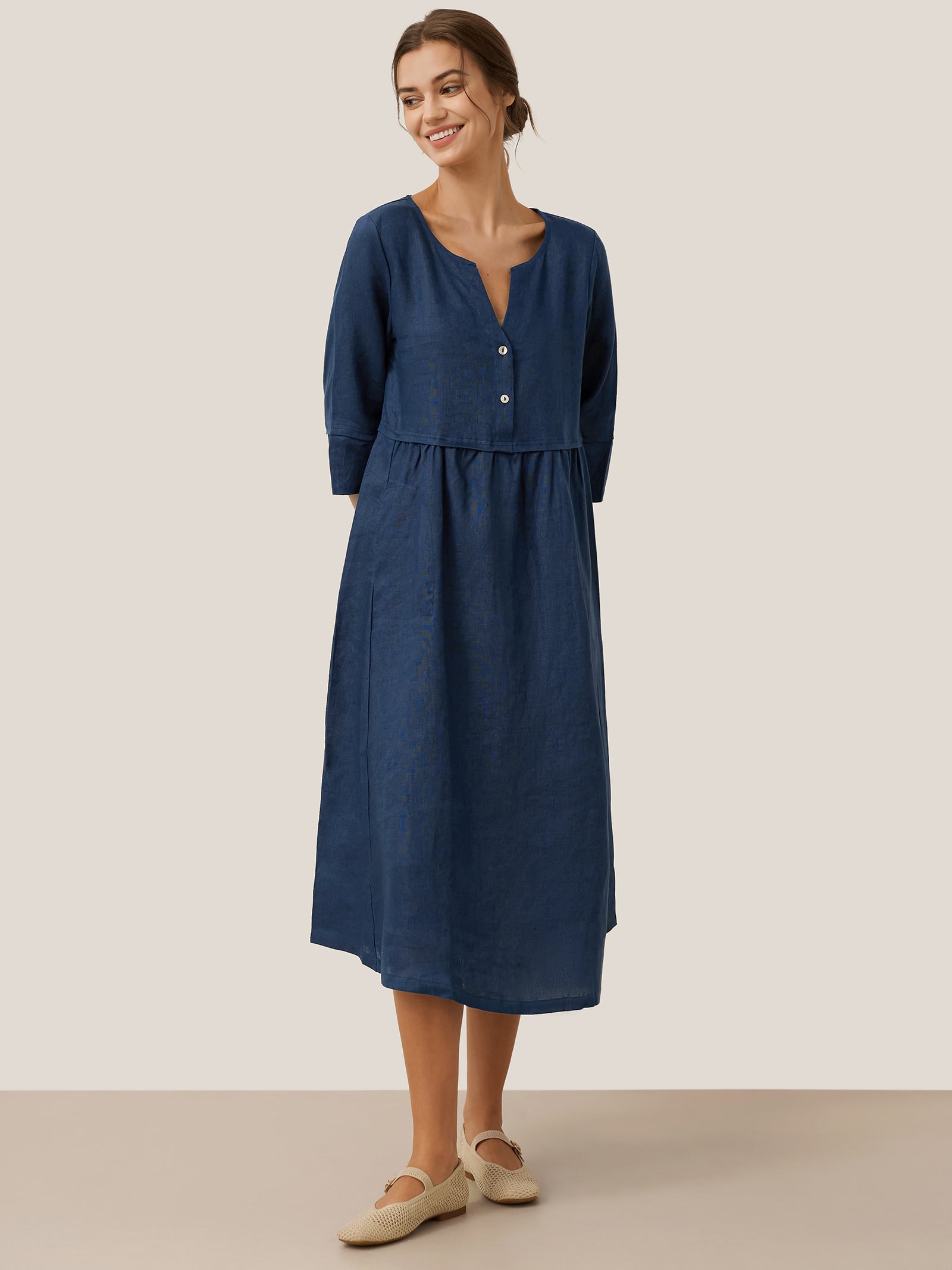 100% Linen Loose Fit Button Waist Gathered Midi Dress LUNA-LINTICO
