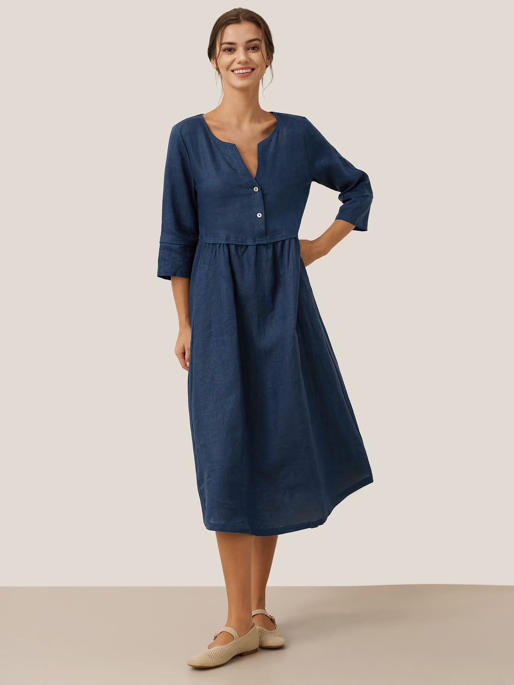 100% Linen Loose Fit Button Waist Gathered Midi Dress LUNA-LINTICO