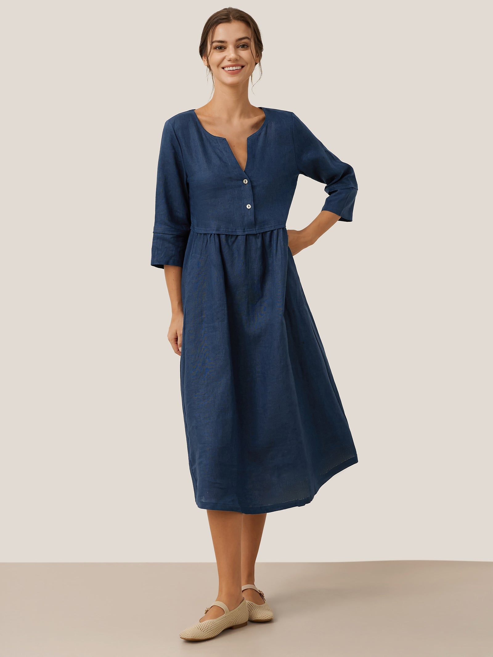 100% Linen Loose Fit Button Waist Gathered Midi Dress LUNA-LINTICO