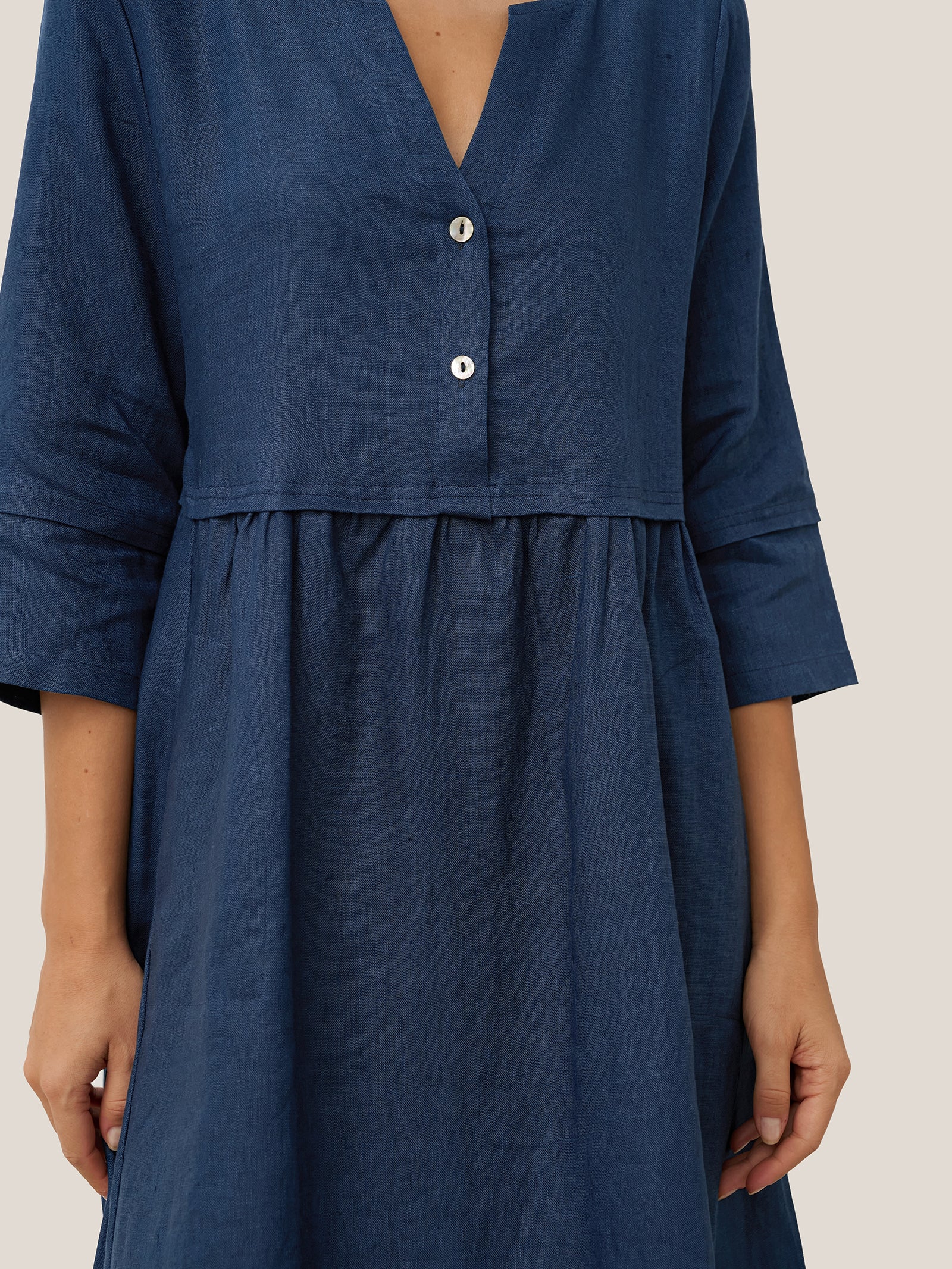 100% Linen Loose Fit Button Waist Gathered Midi Dress LUNA-LINTICO