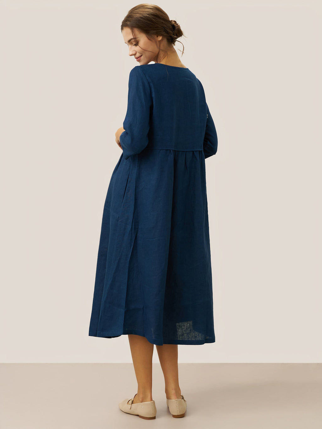 100% Linen Loose Fit Button Waist Gathered Midi Dress LUNA-LINTICO