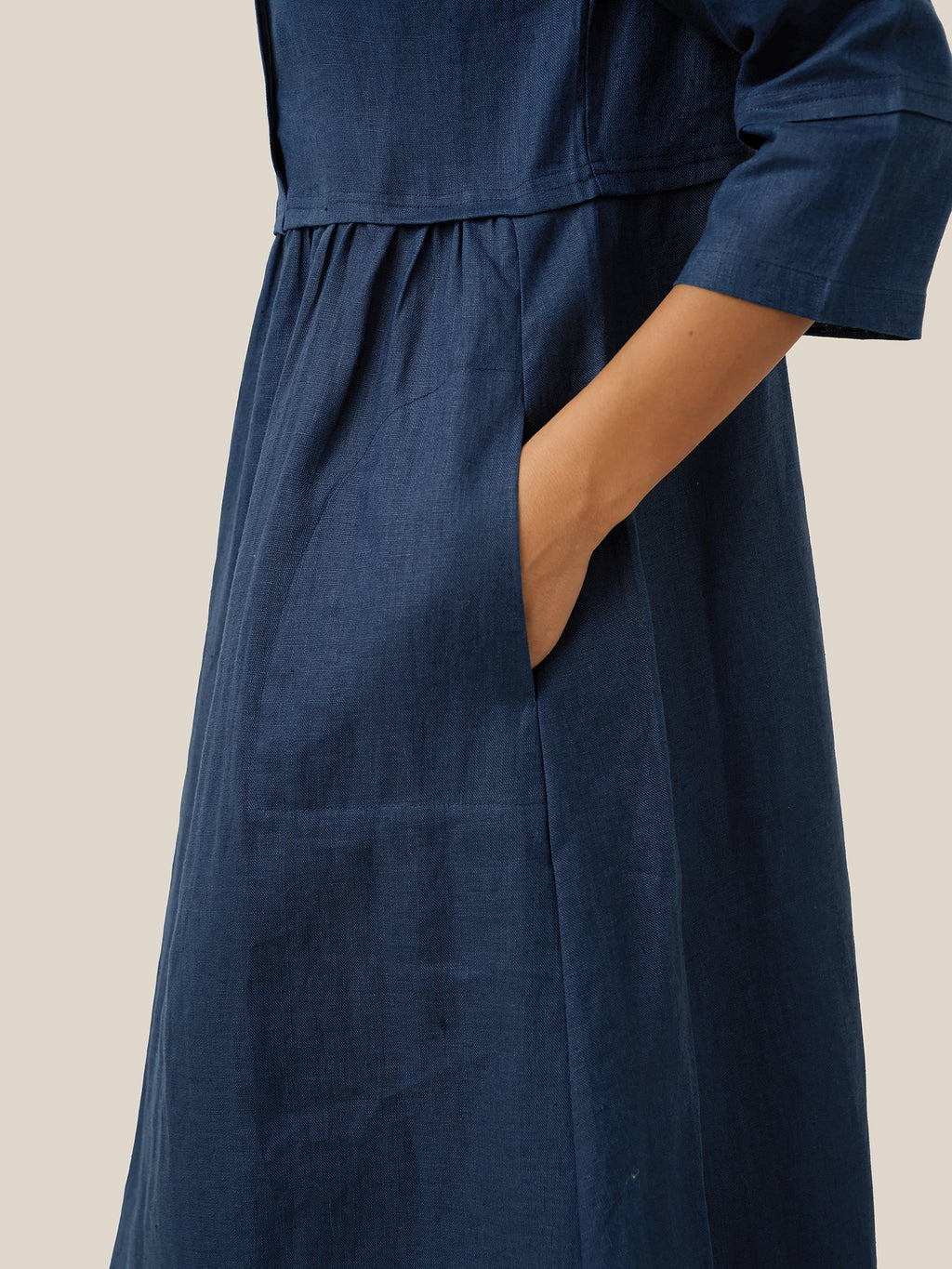 100% Linen Loose Fit Button Waist Gathered Midi Dress LUNA-LINTICO