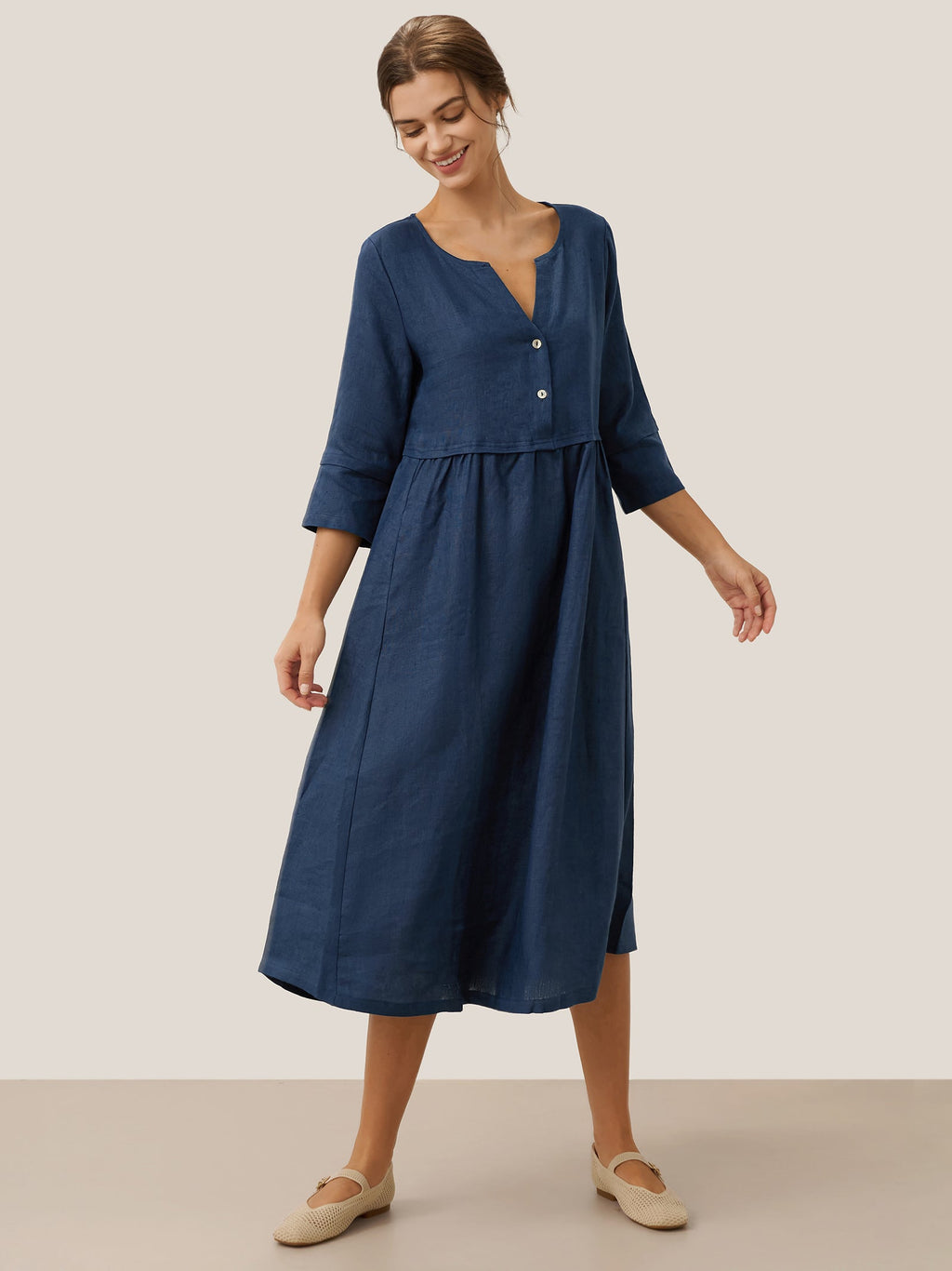 100% Linen Loose Fit Button Waist Gathered Midi Dress LUNA-LINTICO