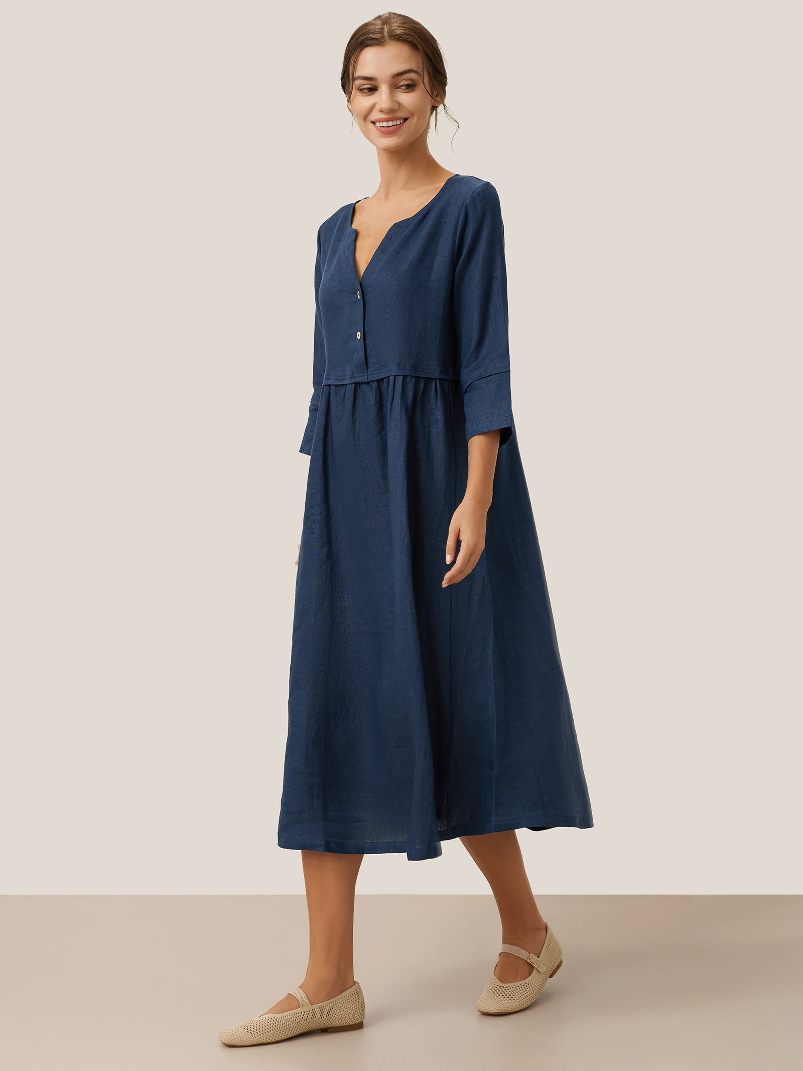 100% Linen Loose Fit Button Waist Gathered Midi Dress LUNA-LINTICO