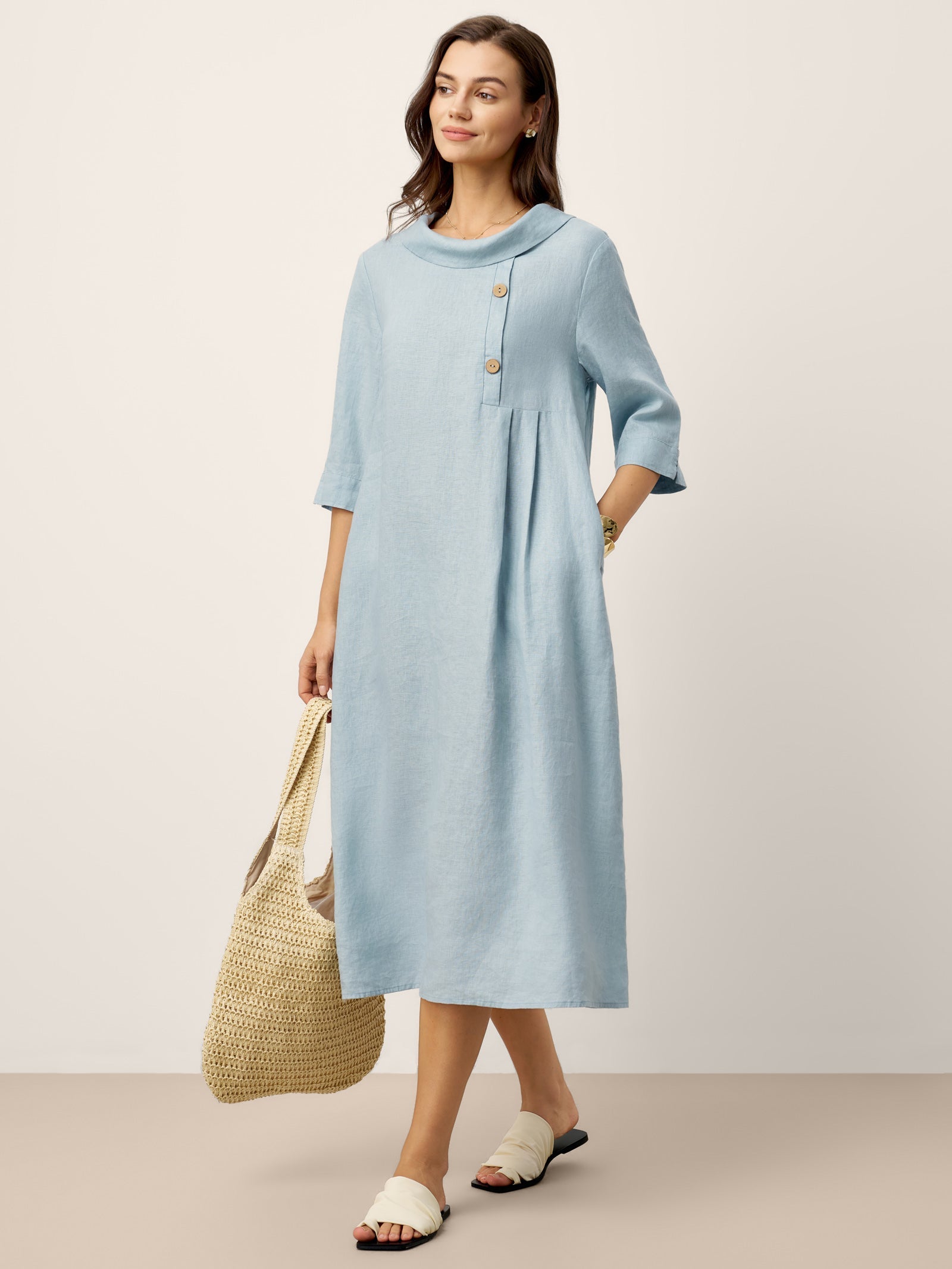 100% Linen Rolled Collar Asymmetric Button Midi Dress ELARAINE