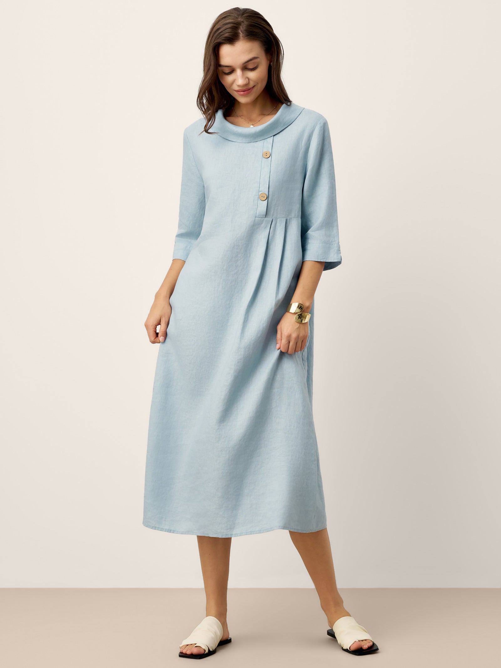 100% Linen Rolled Collar Asymmetric Button Midi Dress ELARAINE