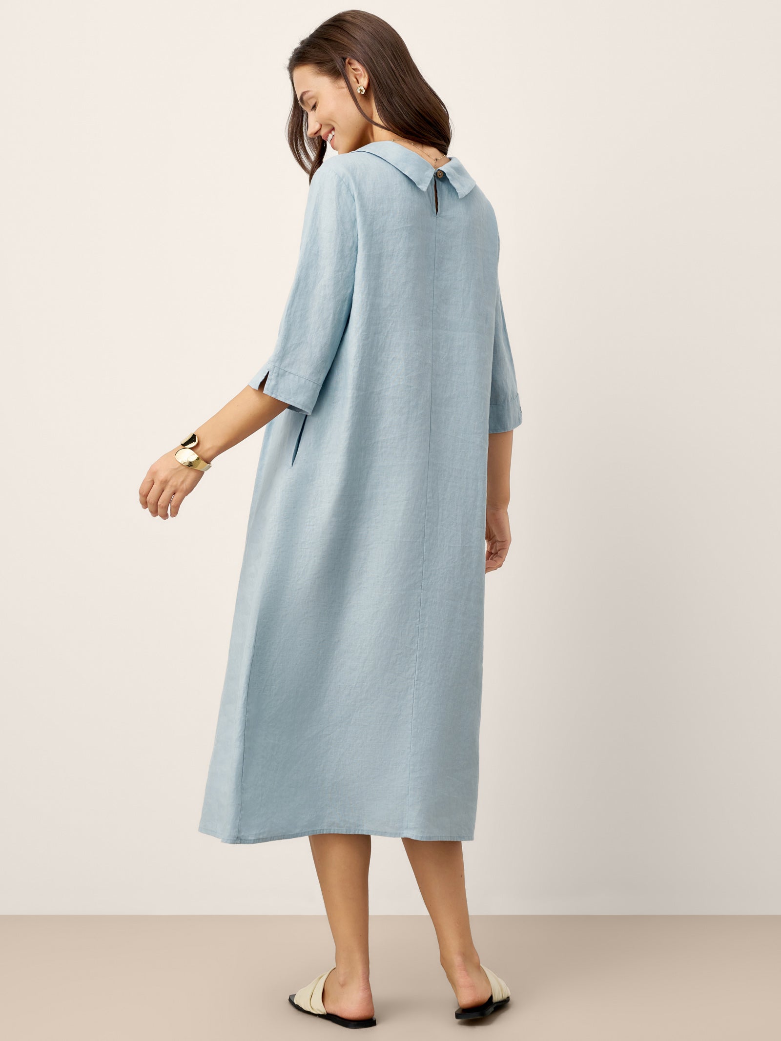 100% Linen Rolled Collar Asymmetric Button Midi Dress ELARAINE
