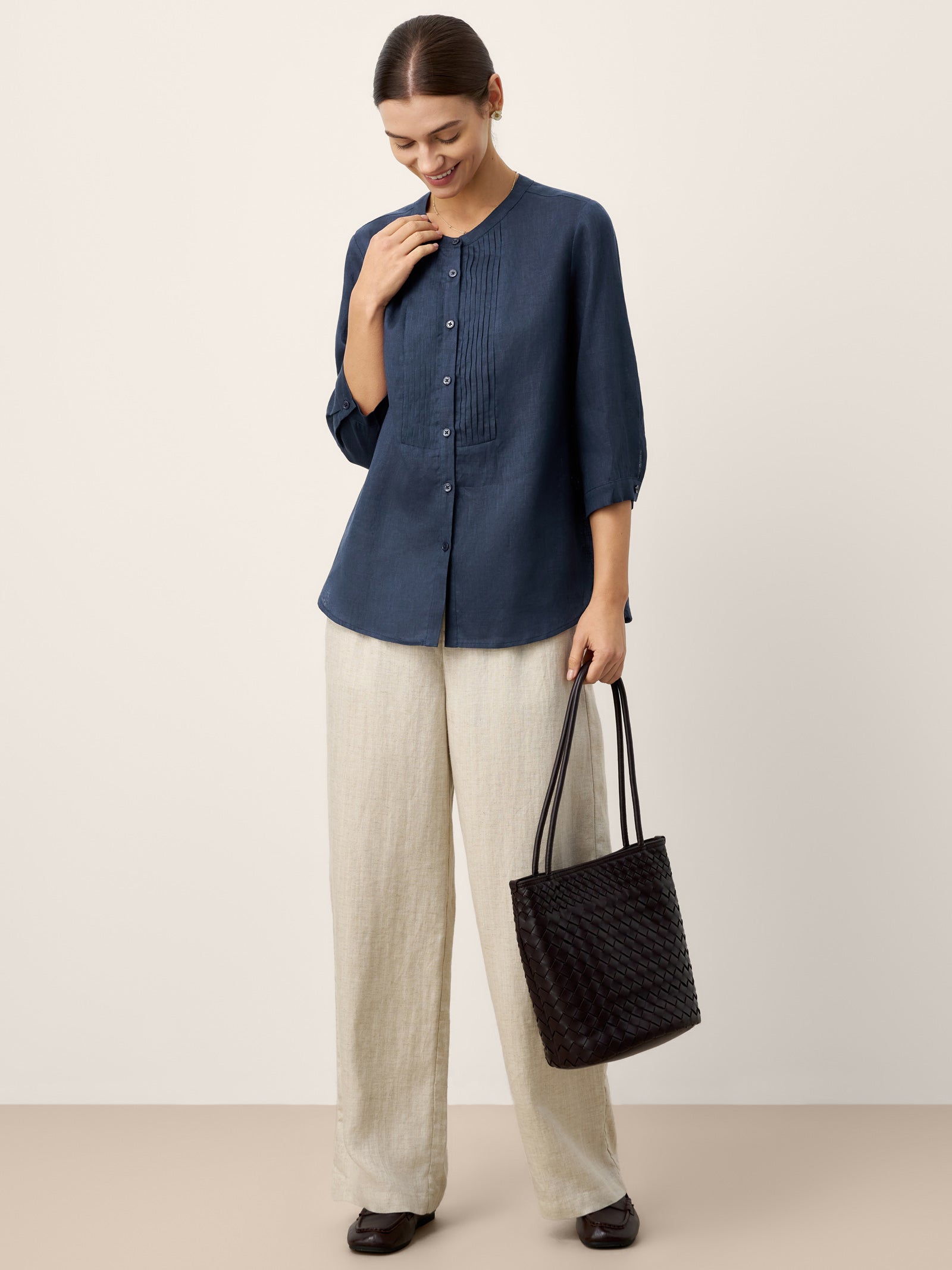 100% Linen Sculpted Accordion Pleat Crew Neck Shirt RANA