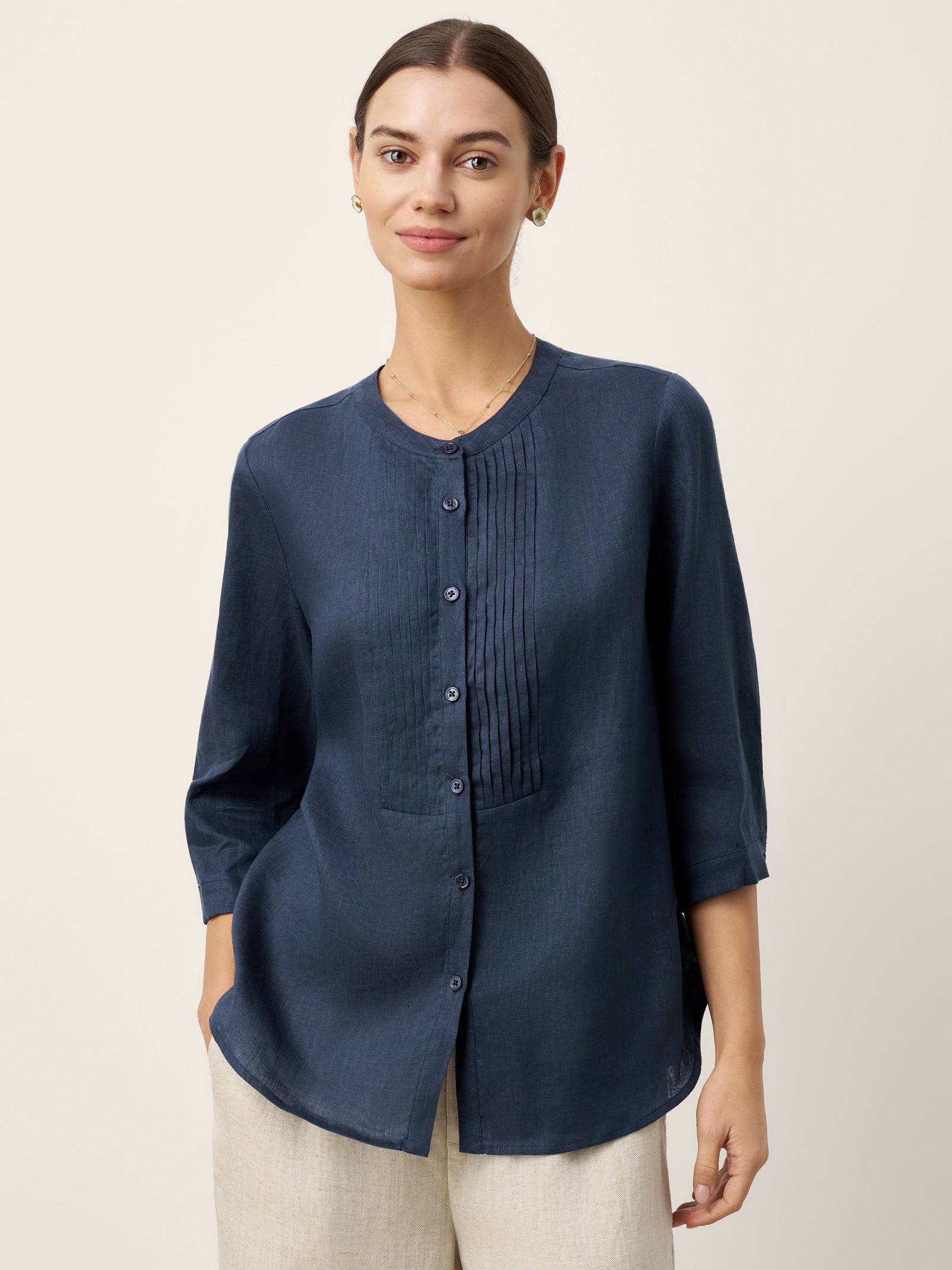 100% Linen Sculpted Accordion Pleat Crew Neck Shirt RANA