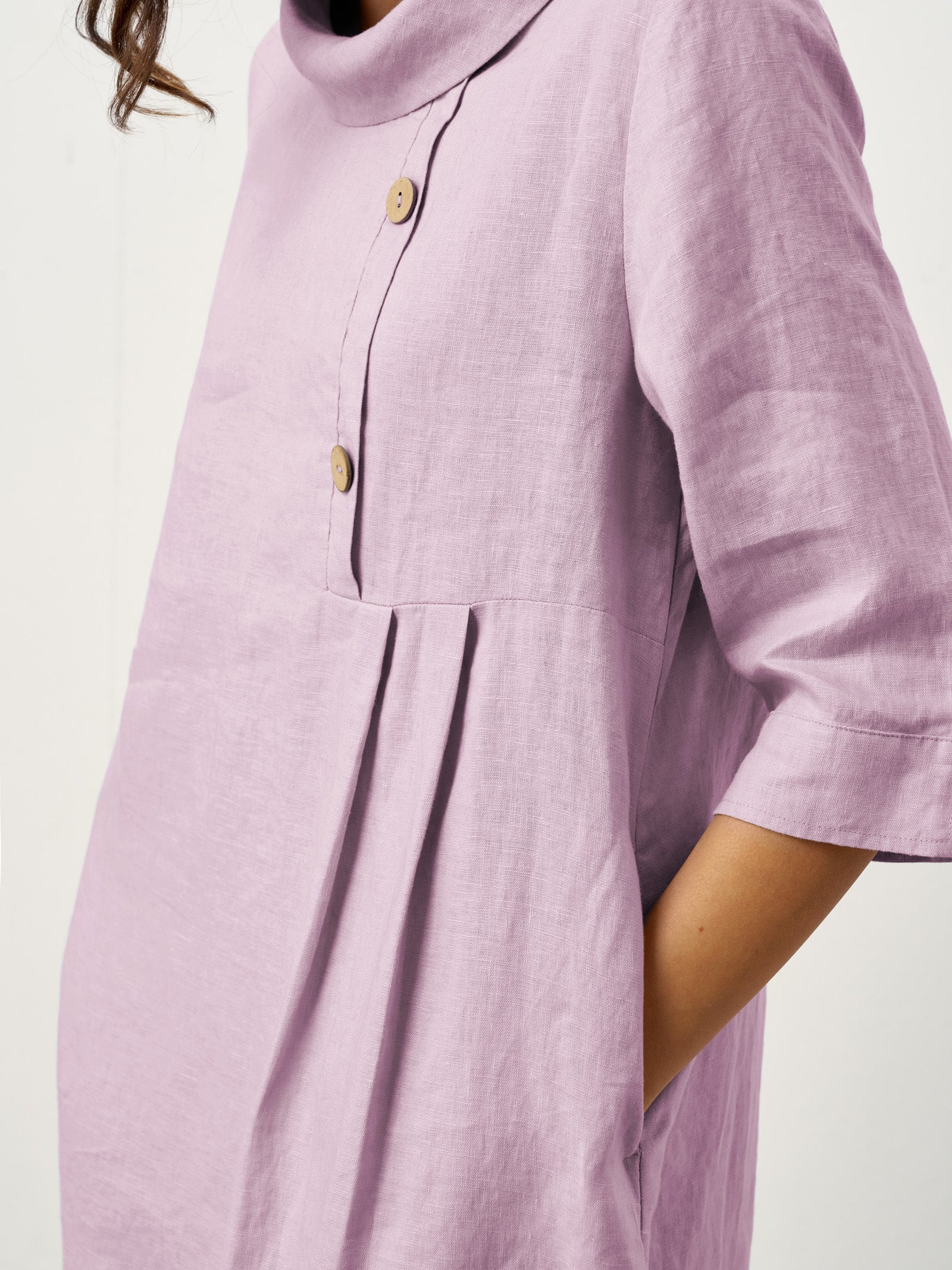 100% Linen Rolled Collar Asymmetric Button Midi Dress ELARAINE
