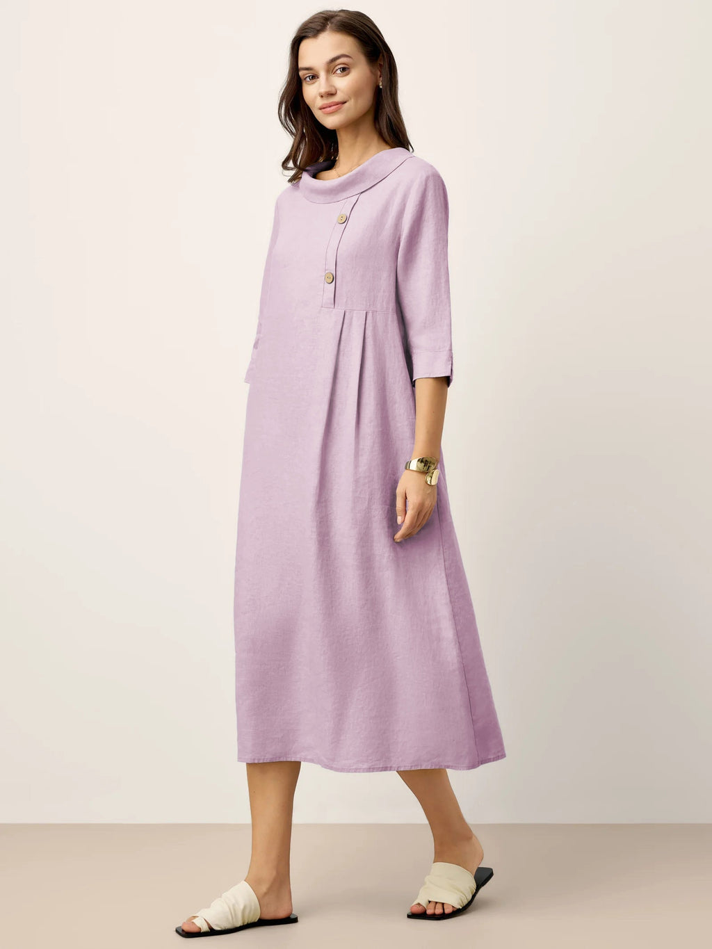 100% Linen Rolled Collar Asymmetric Button Midi Dress ELARAINE