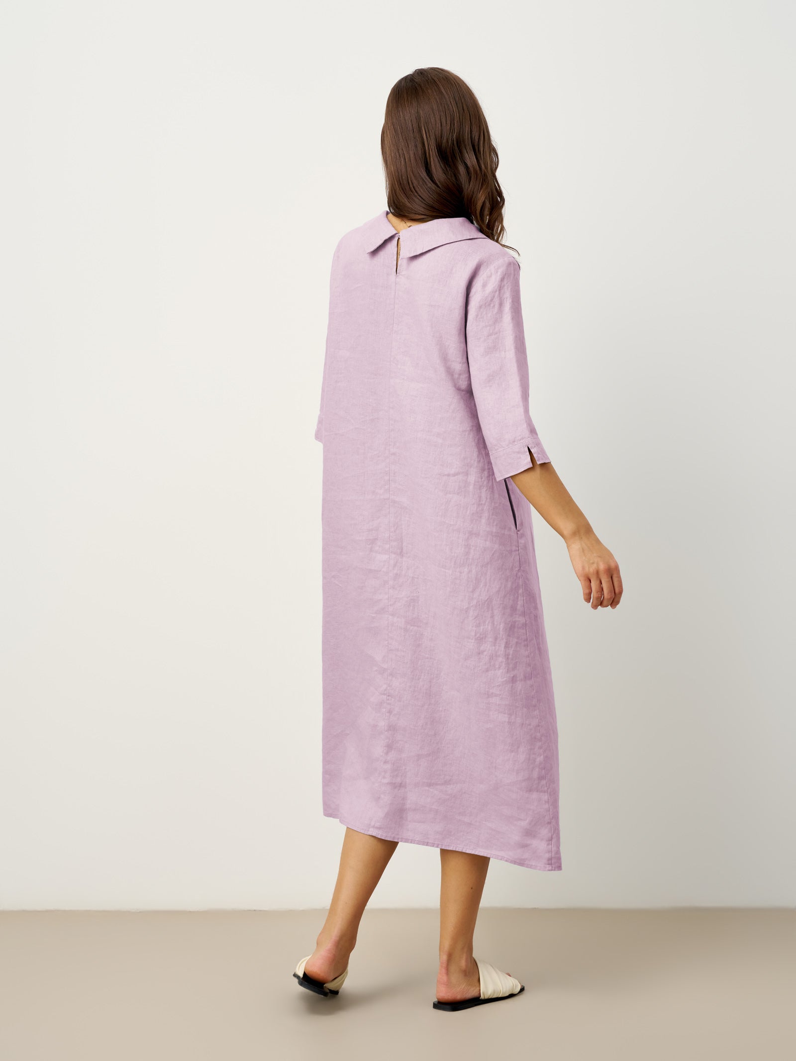 100% Linen Rolled Collar Asymmetric Button Midi Dress ELARAINE