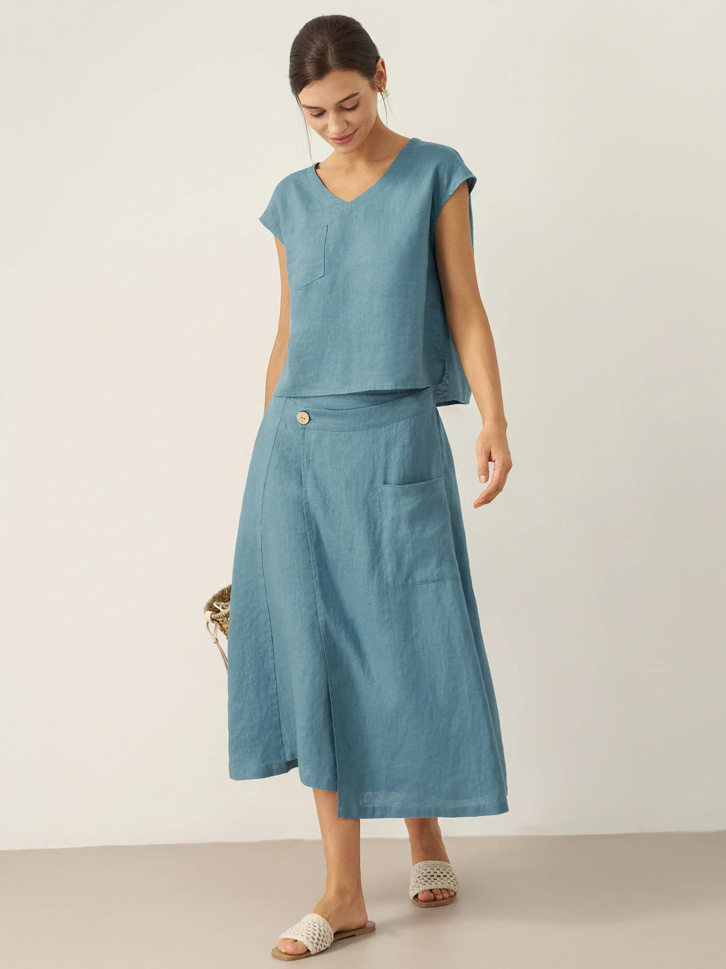 100% Linen V-Neck Cap Sleeve Crop Top FRESSA
