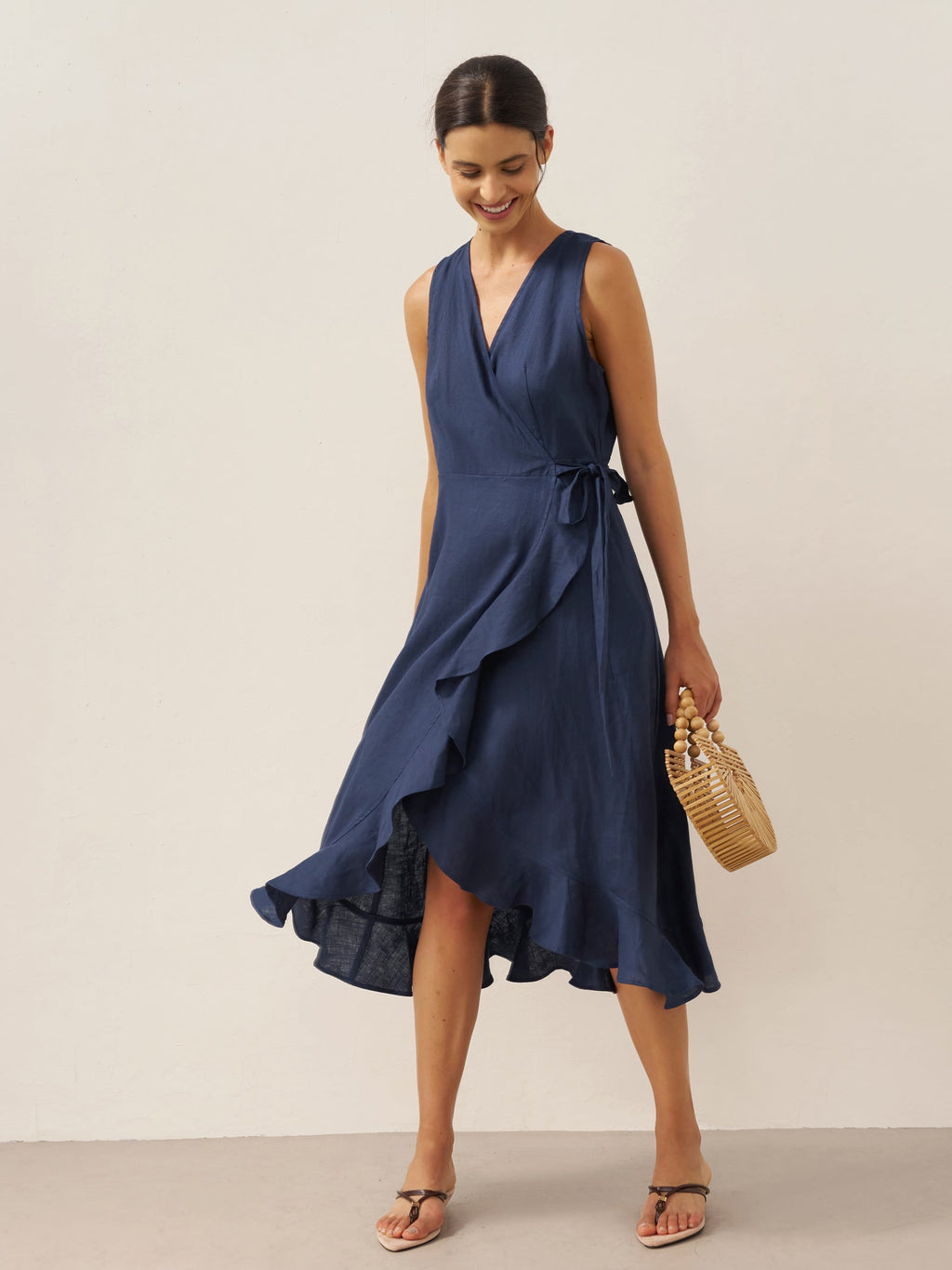 100% Linen V-Neck One-Piece Ruffle Hem Midi Dress MAYA-LINTICO