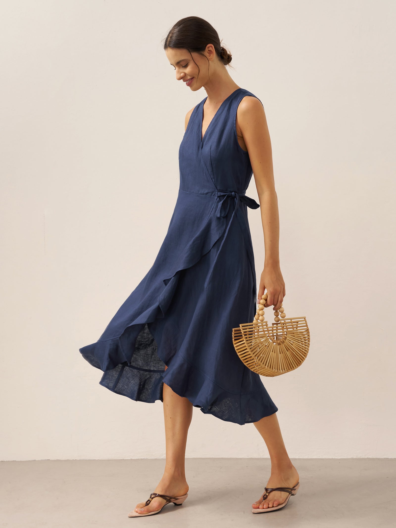 100% Linen V-Neck One-Piece Ruffle Hem Midi Dress MAYA-LINTICO