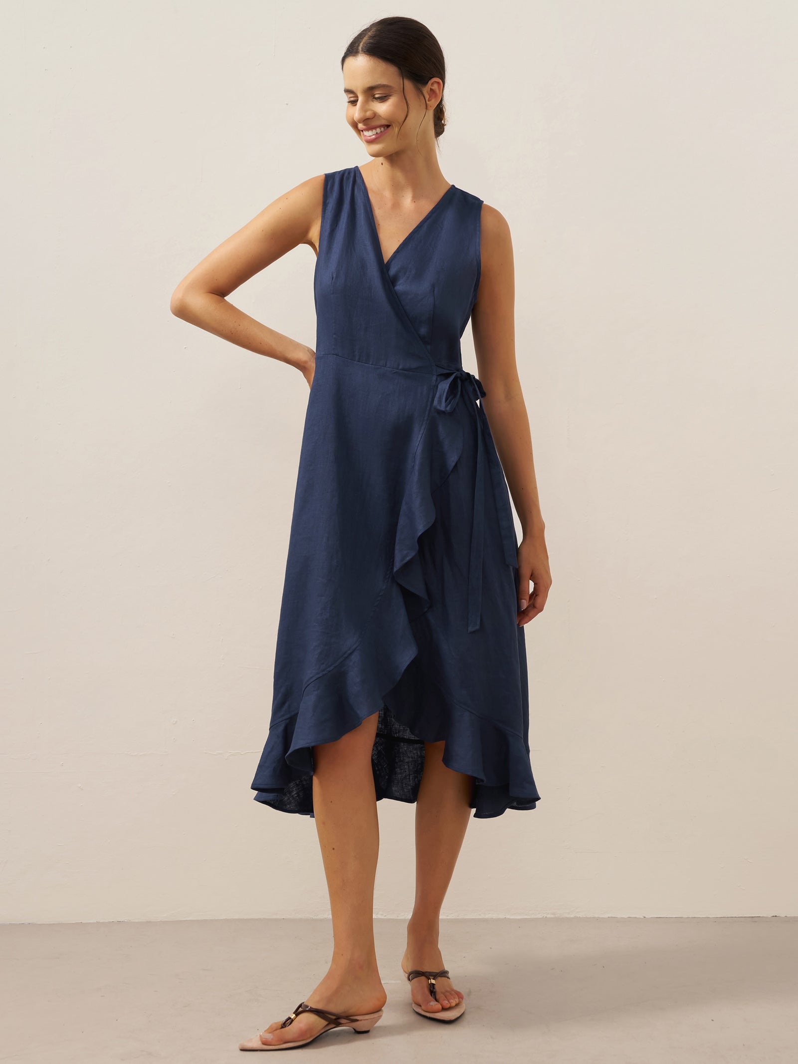 100% Linen V-Neck One-Piece Ruffle Hem Midi Dress MAYA-LINTICO