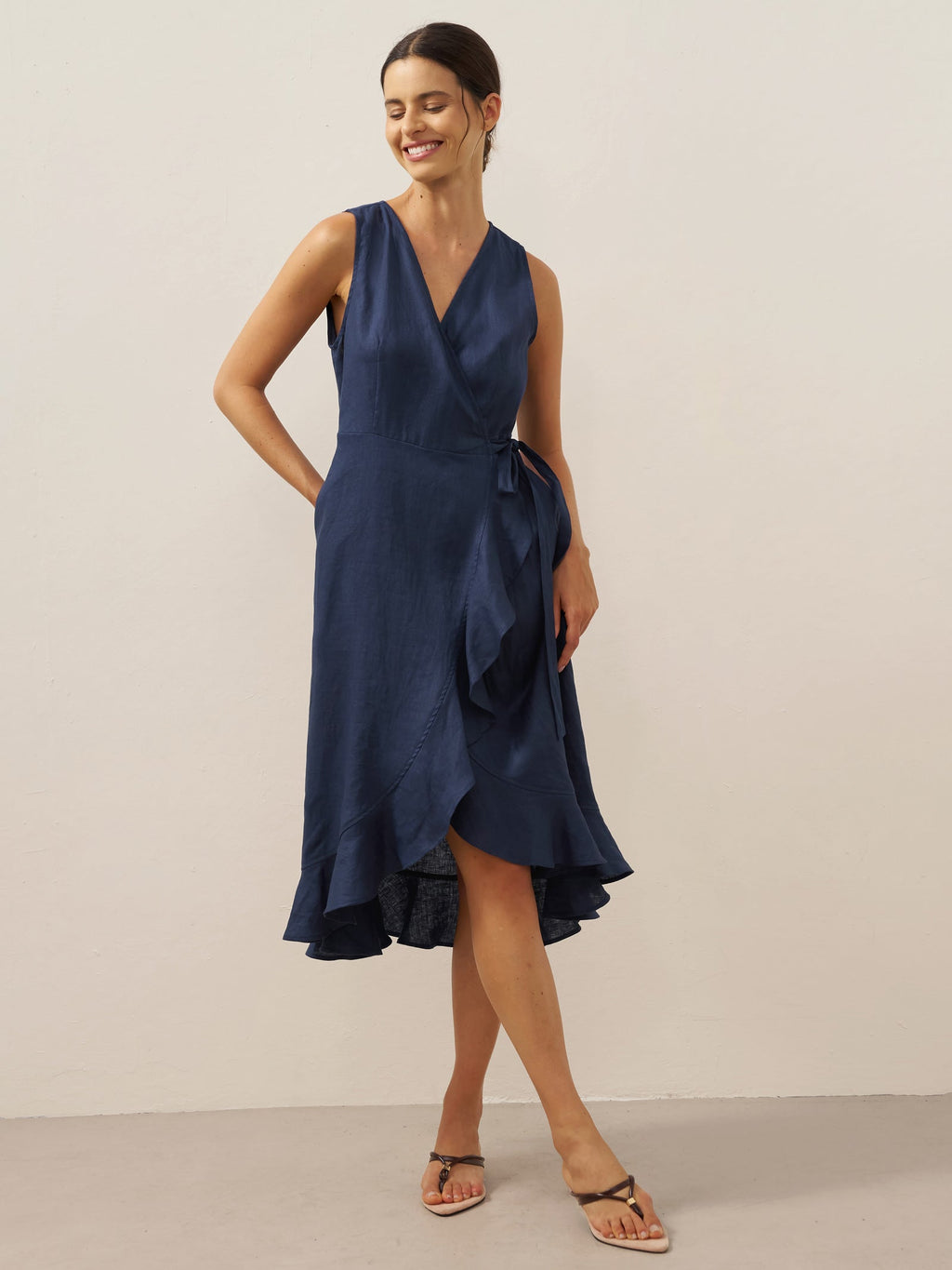 100% Linen V-Neck One-Piece Ruffle Hem Midi Dress MAYA-LINTICO