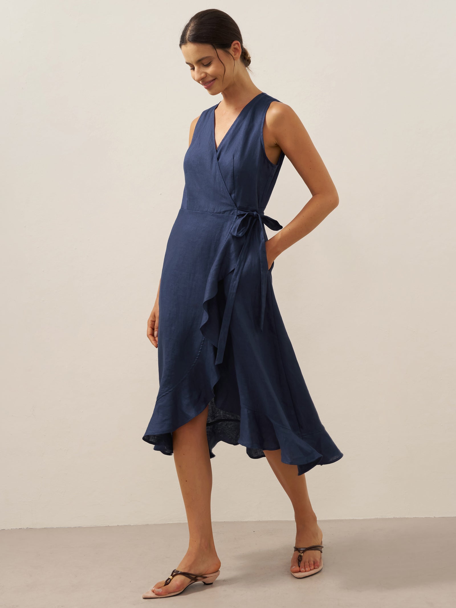 100% Linen V-Neck One-Piece Ruffle Hem Midi Dress MAYA-LINTICO