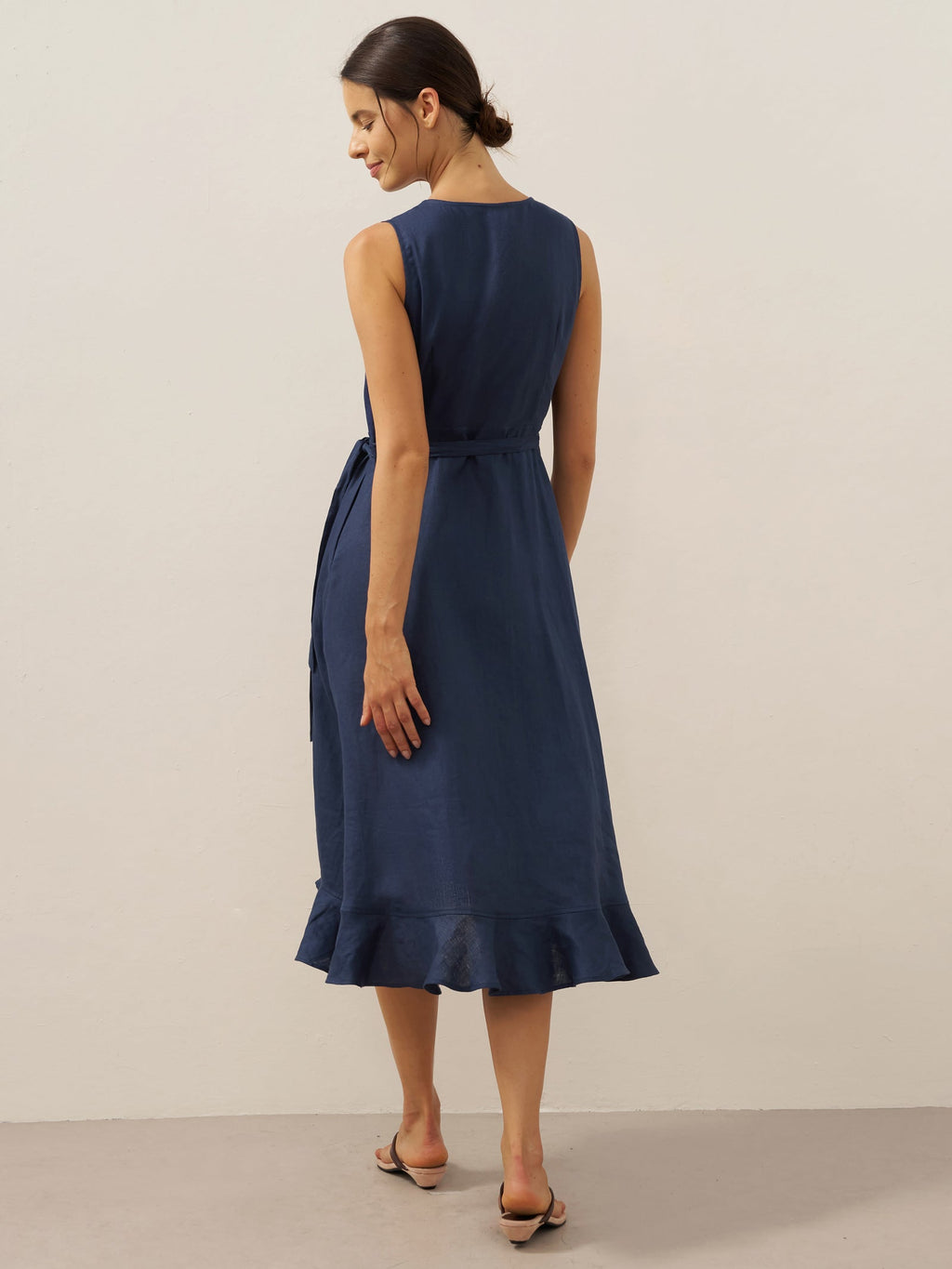 100% Linen V-Neck One-Piece Ruffle Hem Midi Dress MAYA-LINTICO