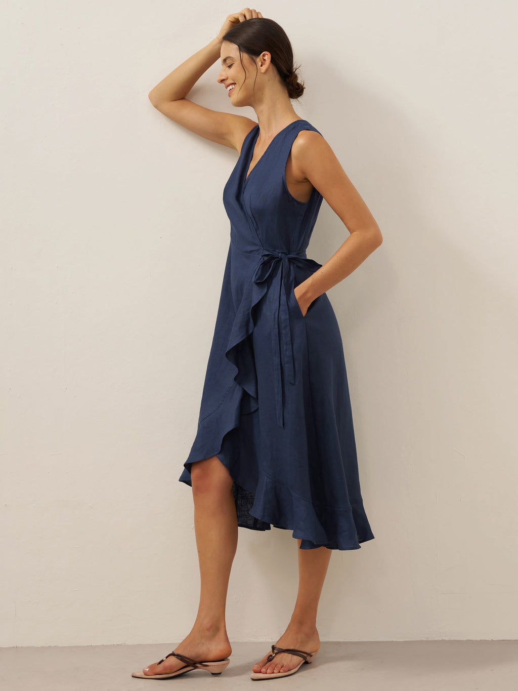 100% Linen V-Neck One-Piece Ruffle Hem Midi Dress MAYA-LINTICO