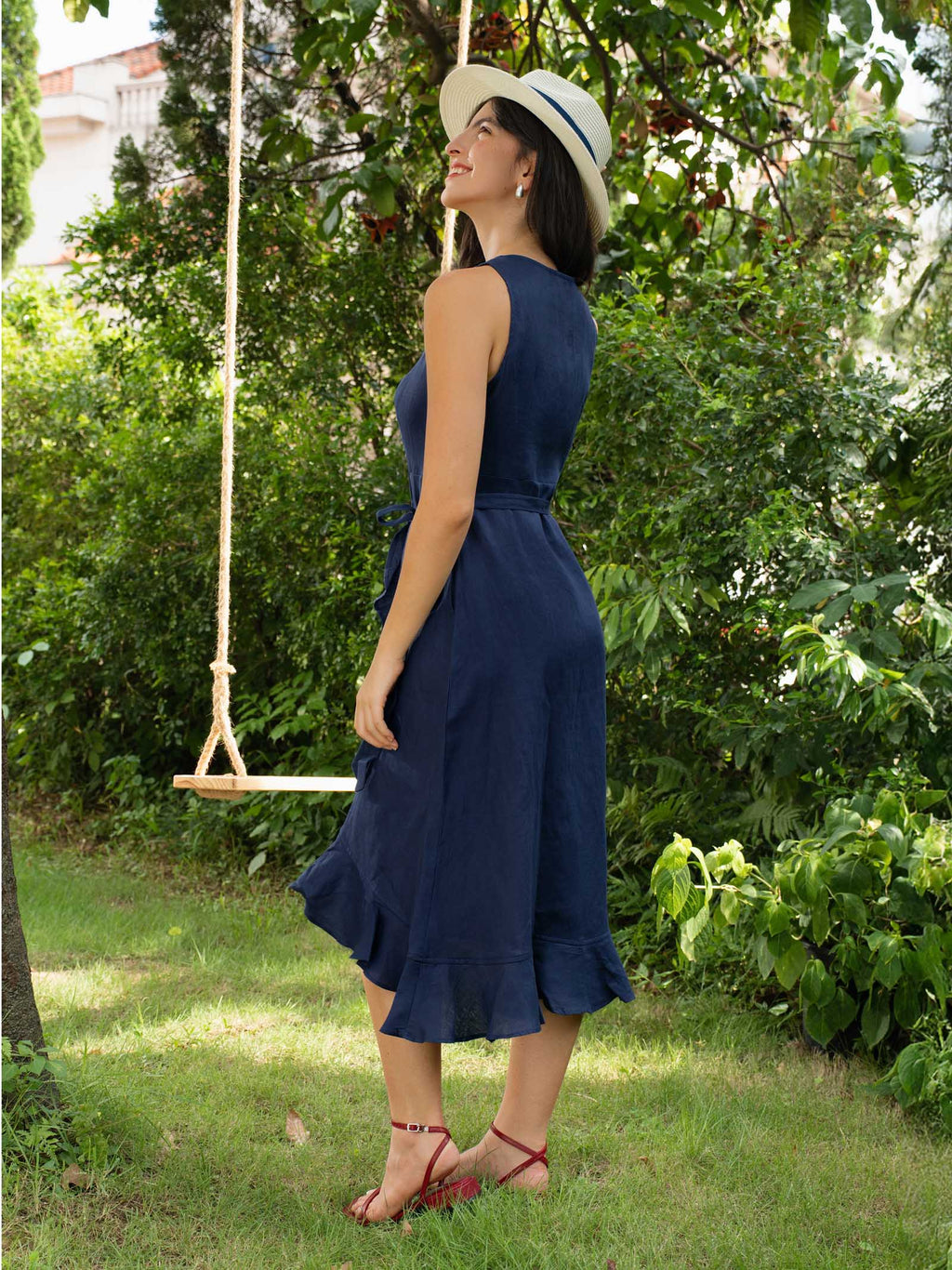 100% Linen V-Neck One-Piece Ruffle Hem Midi Dress MAYA-LINTICO