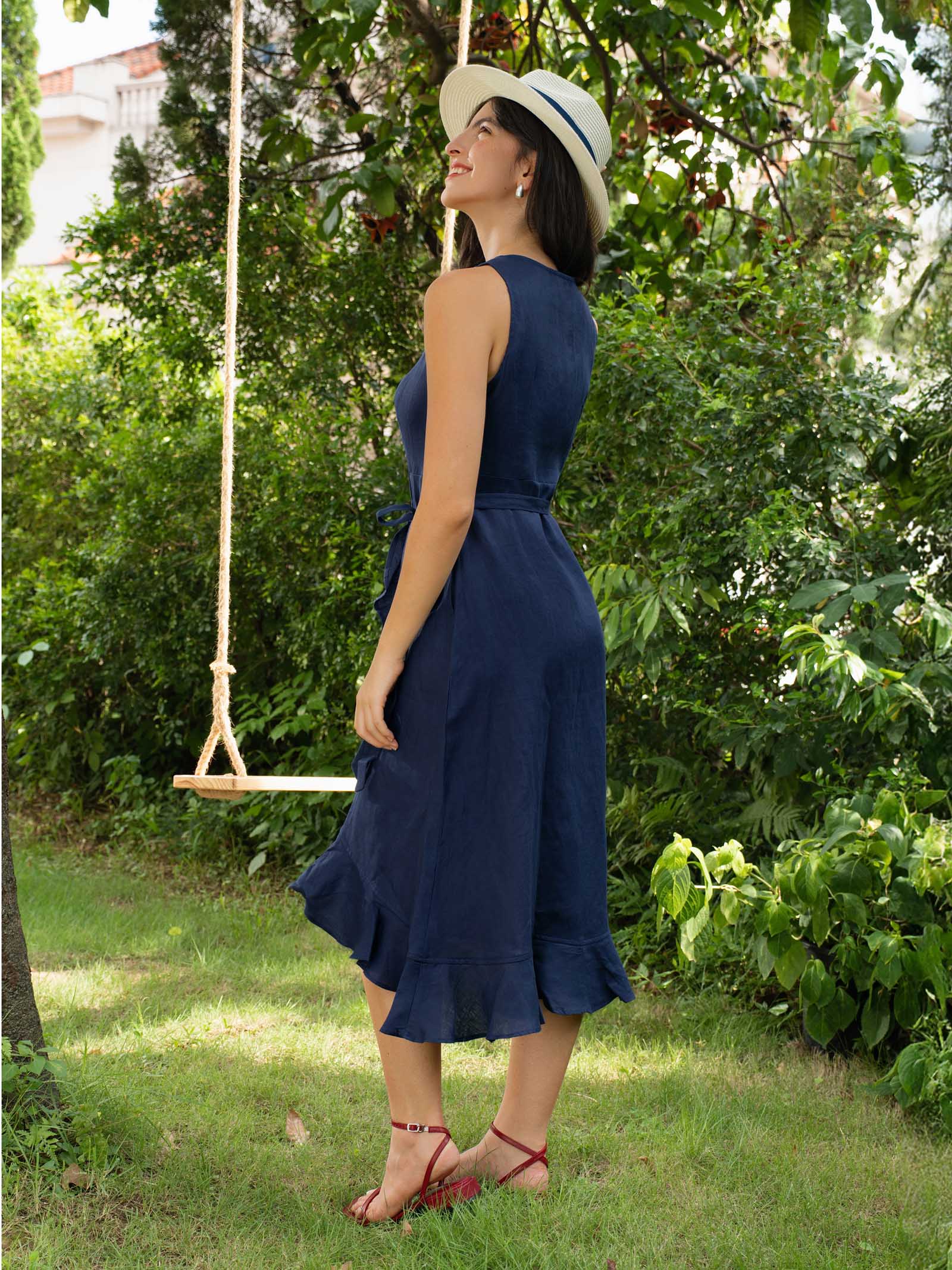 100% Linen V-Neck One-Piece Ruffle Hem Midi Dress MAYA-LINTICO